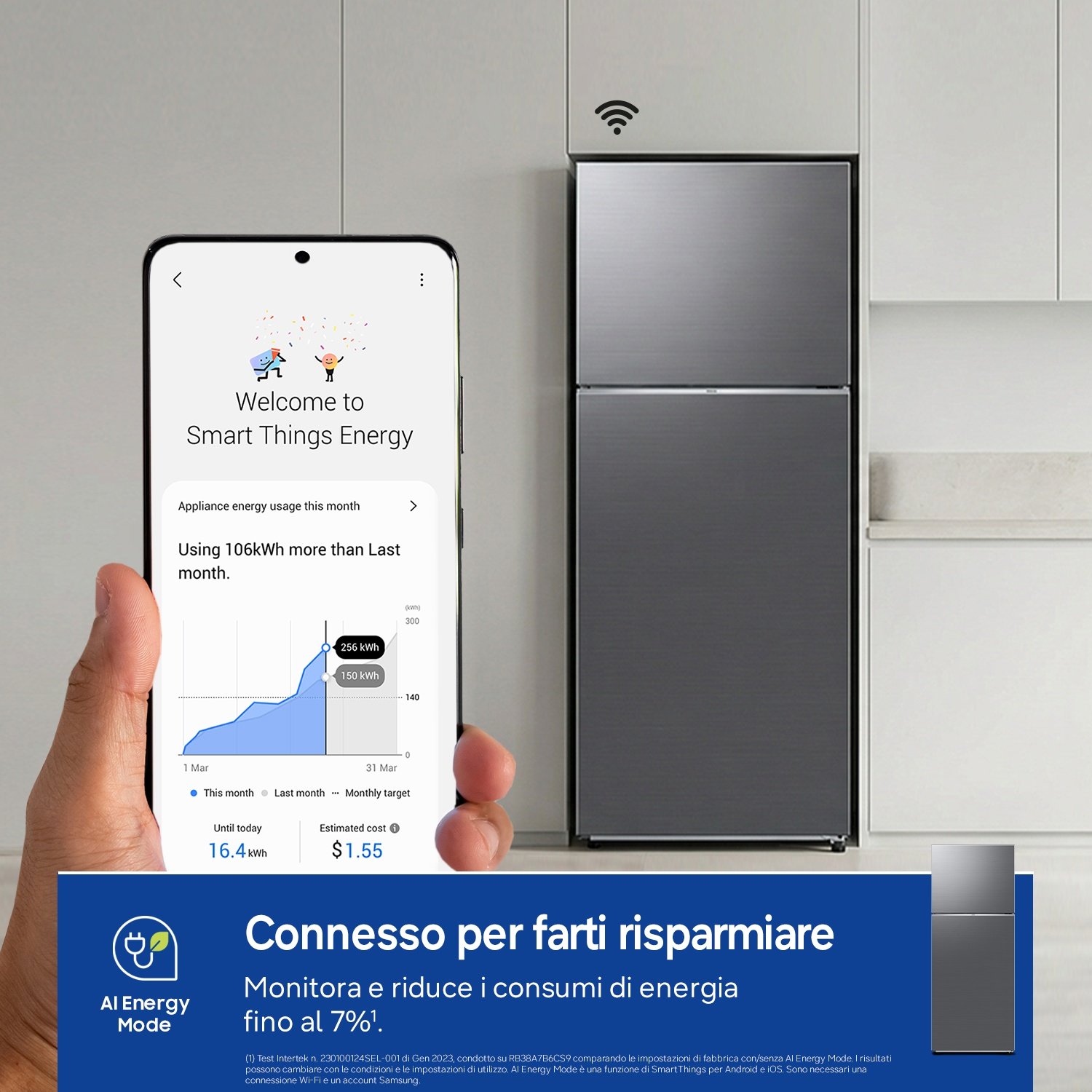 Uno smartphone mostra l'app Smart Things Energy con dati di consumo accanto a un frigorifero.