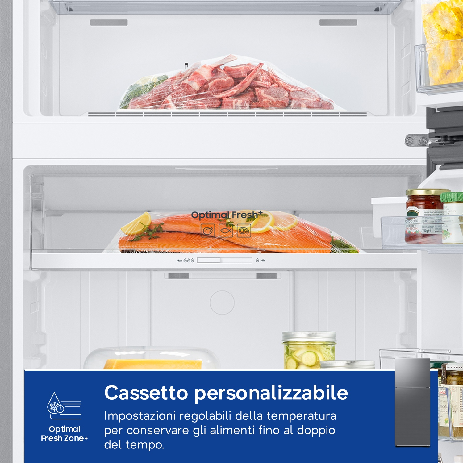 Carne e pesce in cassetti del frigo. Barattoli con sottaceti e marmellata.