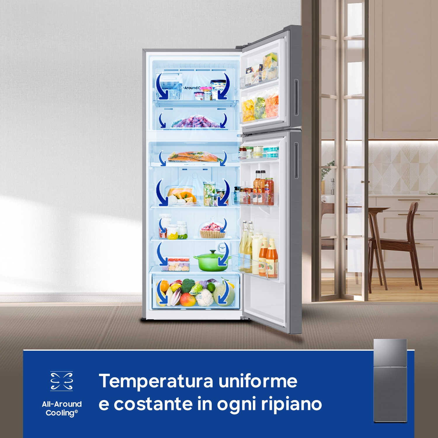 Un frigorifero aperto pieno di cibo su più ripiani.