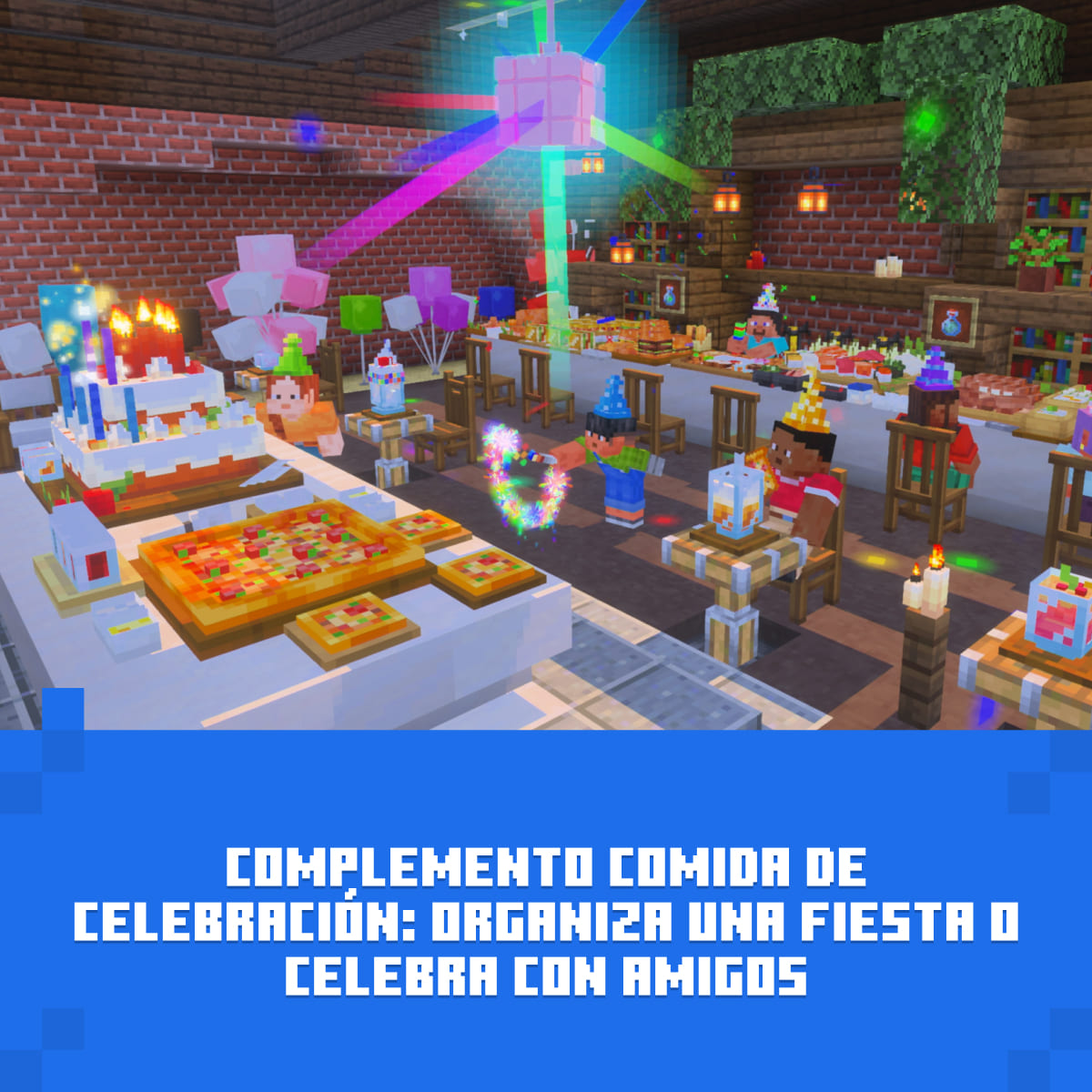 Personajes de Minecraft celebran una fiesta con pastel, pizza y luces.