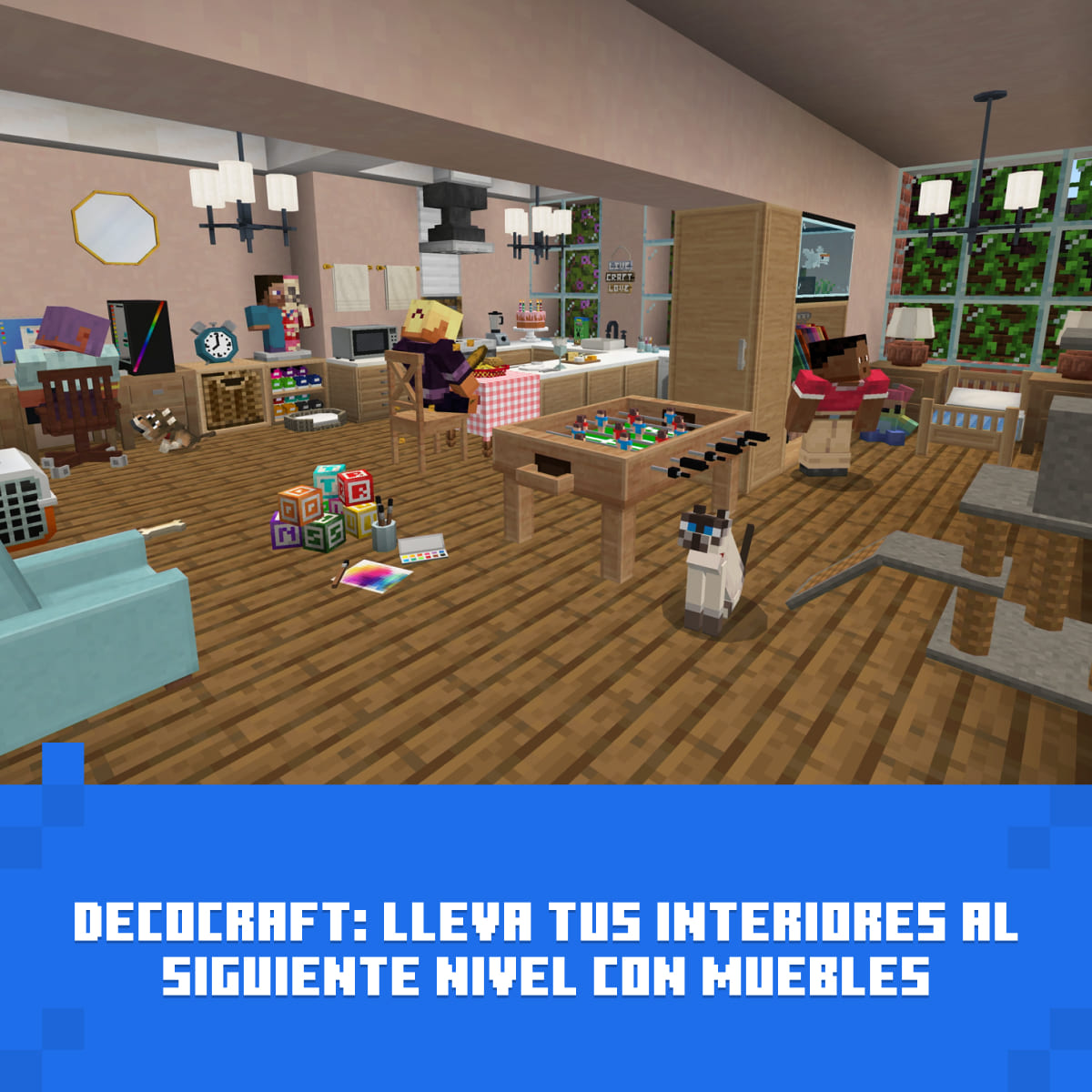 Habitación de Minecraft con muebles, mesa de juego, gato y figuras.