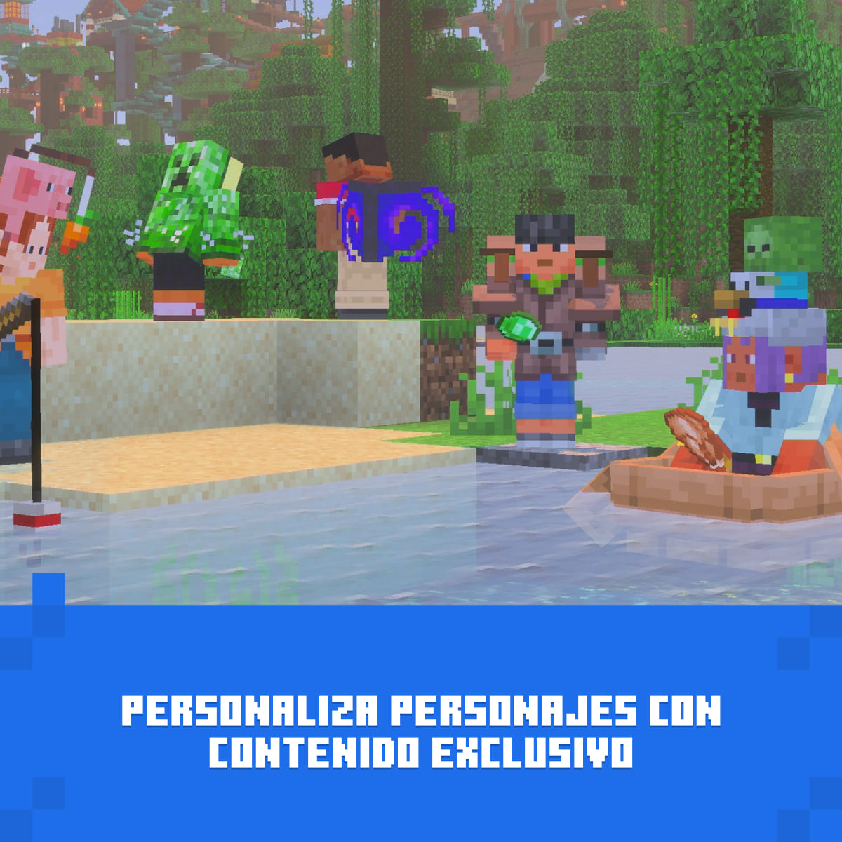 Personajes de Minecraft en una orilla, uno pesca, otro en un bote.