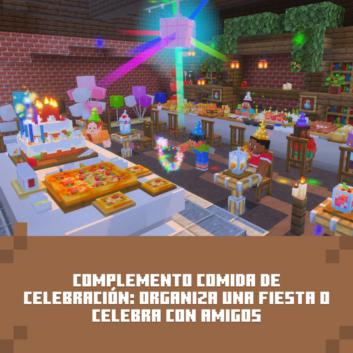 Fiesta de Minecraft con pastel, pizza y invitados en un entorno festivo.