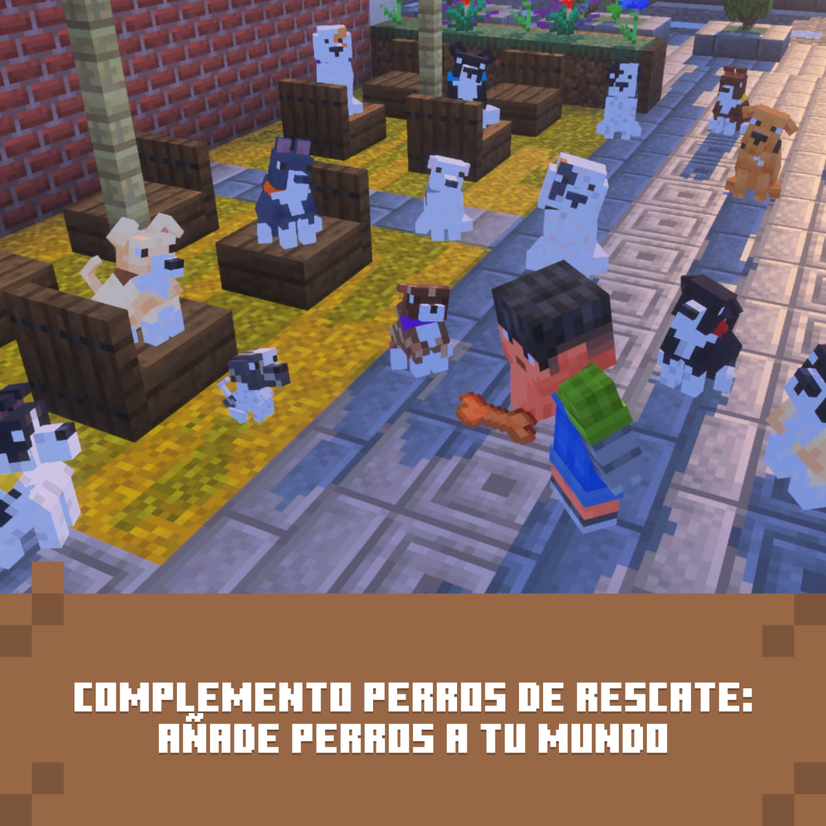 Escena de Minecraft con muchos perros y una persona sosteniendo un hueso.