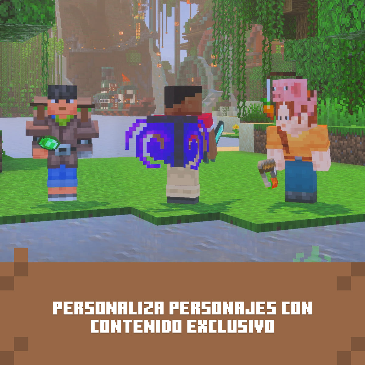 Tres personajes de Minecraft sobre hierba verde junto a un cuerpo de agua.