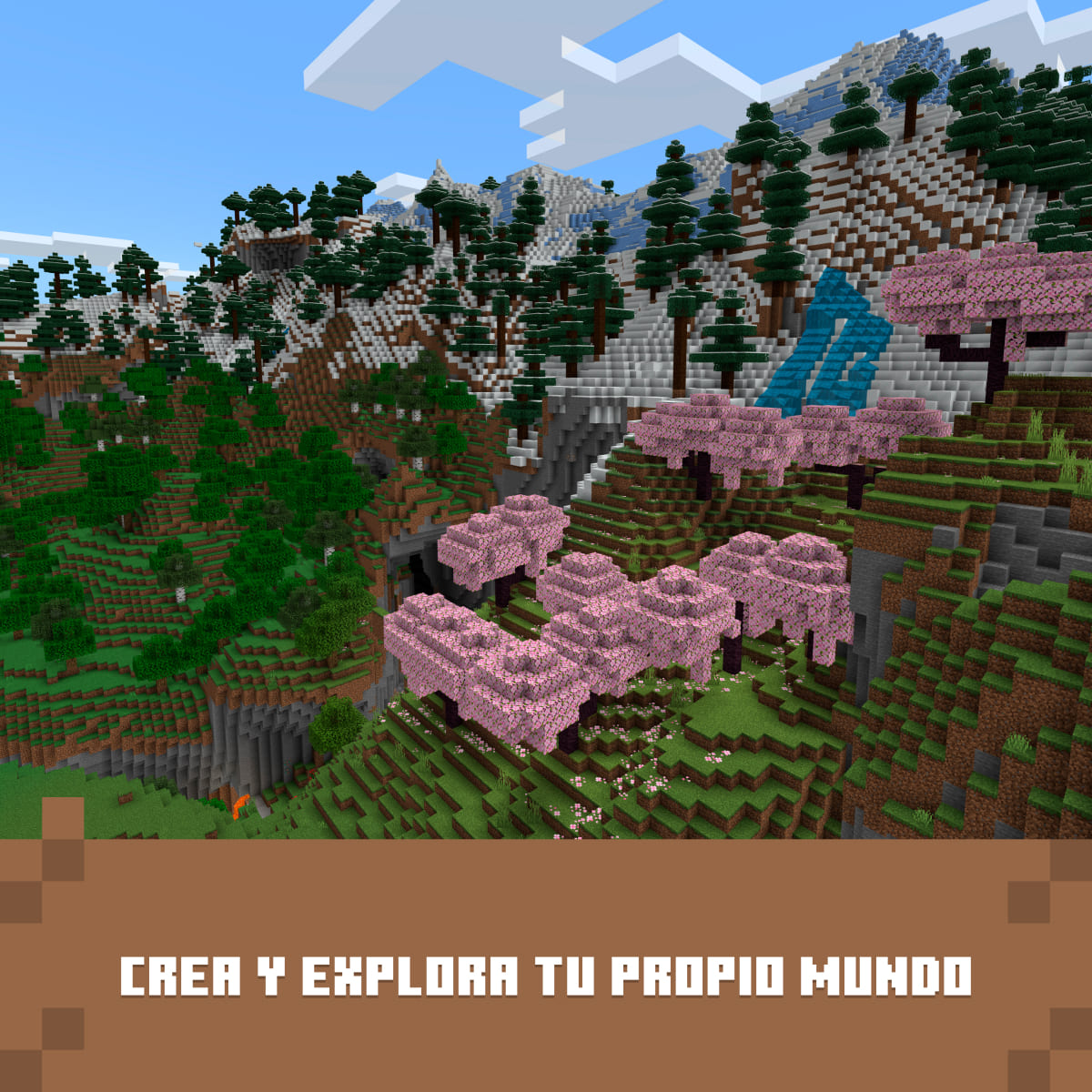 Un paisaje de Minecraft con montañas nevadas, bosques verdes y árboles rosas.