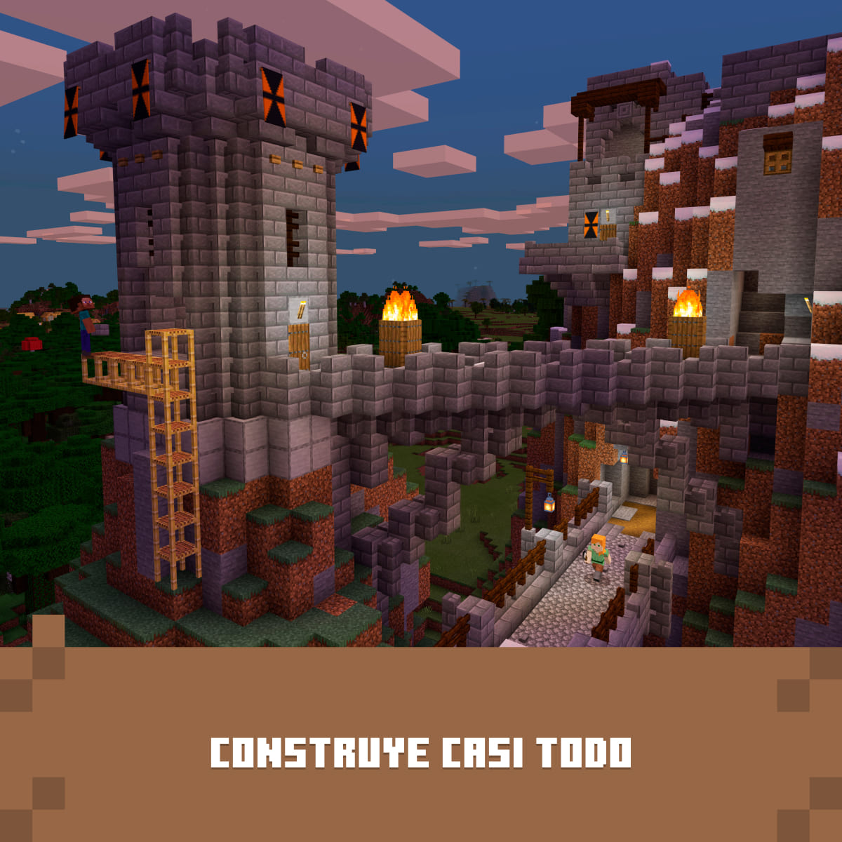 Un castillo de Minecraft con torres, puentes y personajes al anochecer.