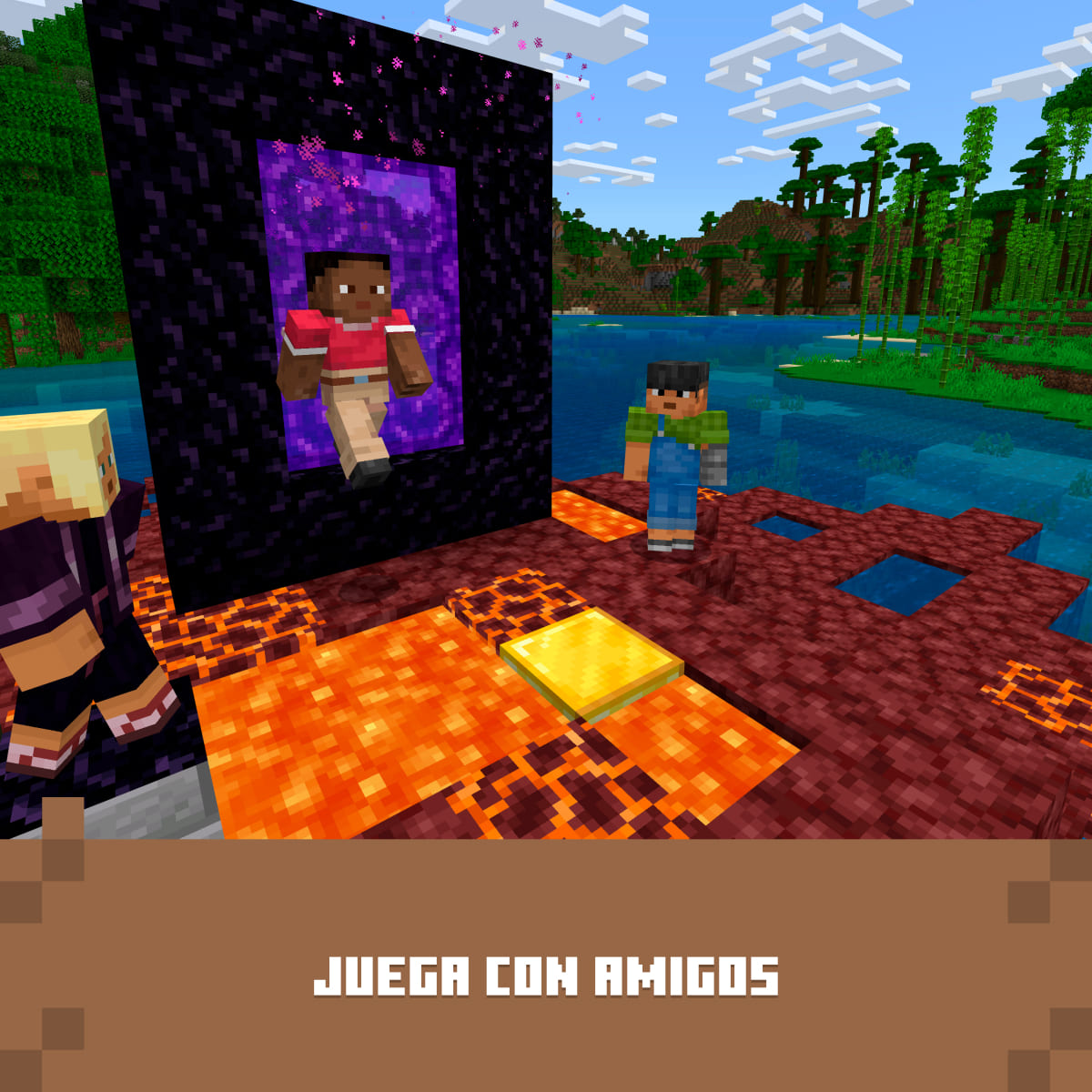 Personajes en entorno de Minecraft con portal, lava y agua.