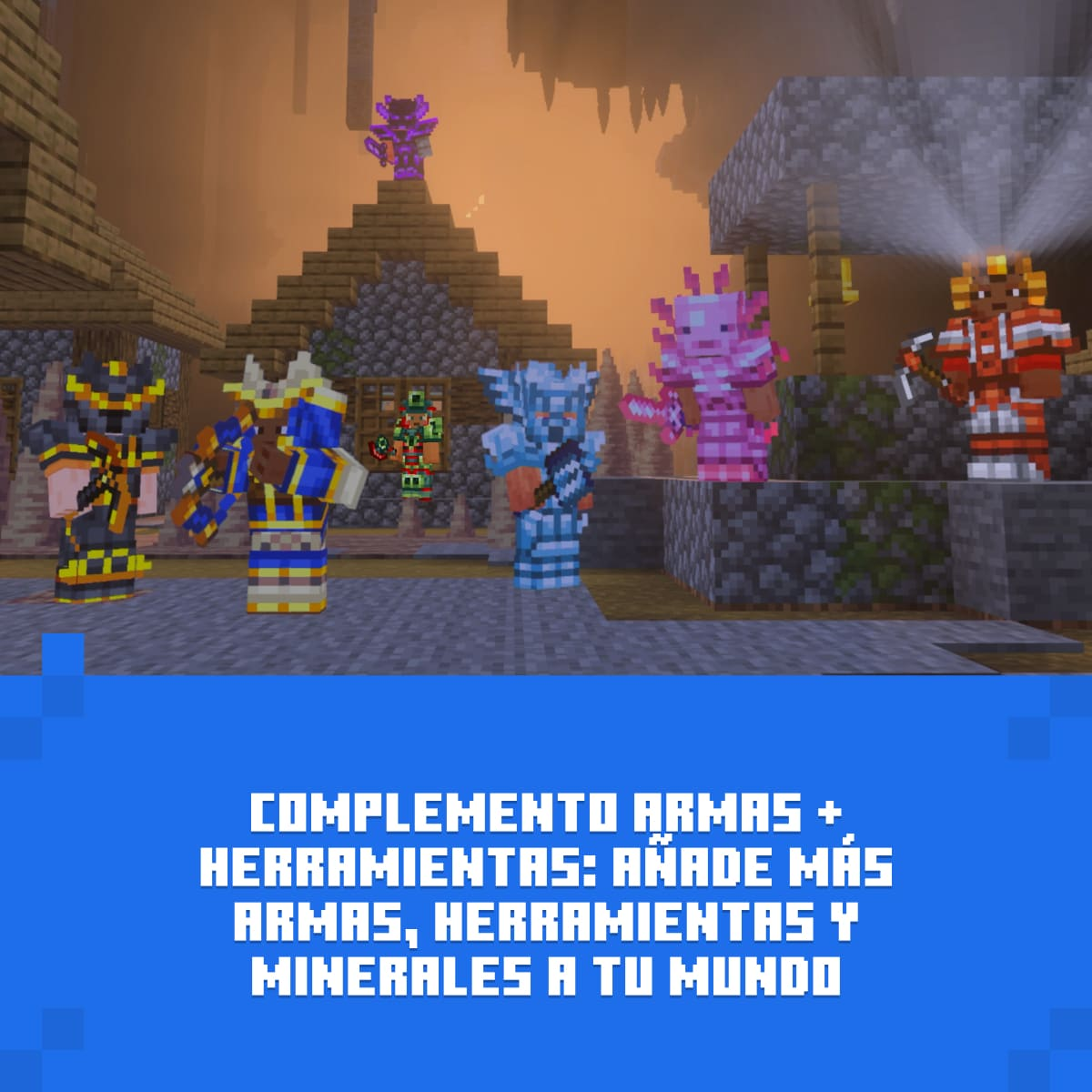 Personajes de Minecraft con armadura frente a un edificio selvático