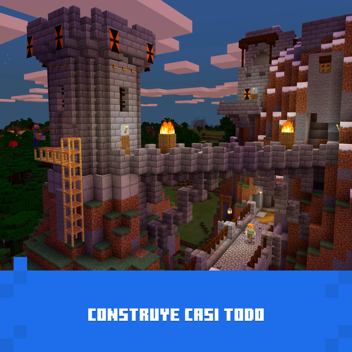 Un castillo de Minecraft con torres, puentes y personajes al anochecer.