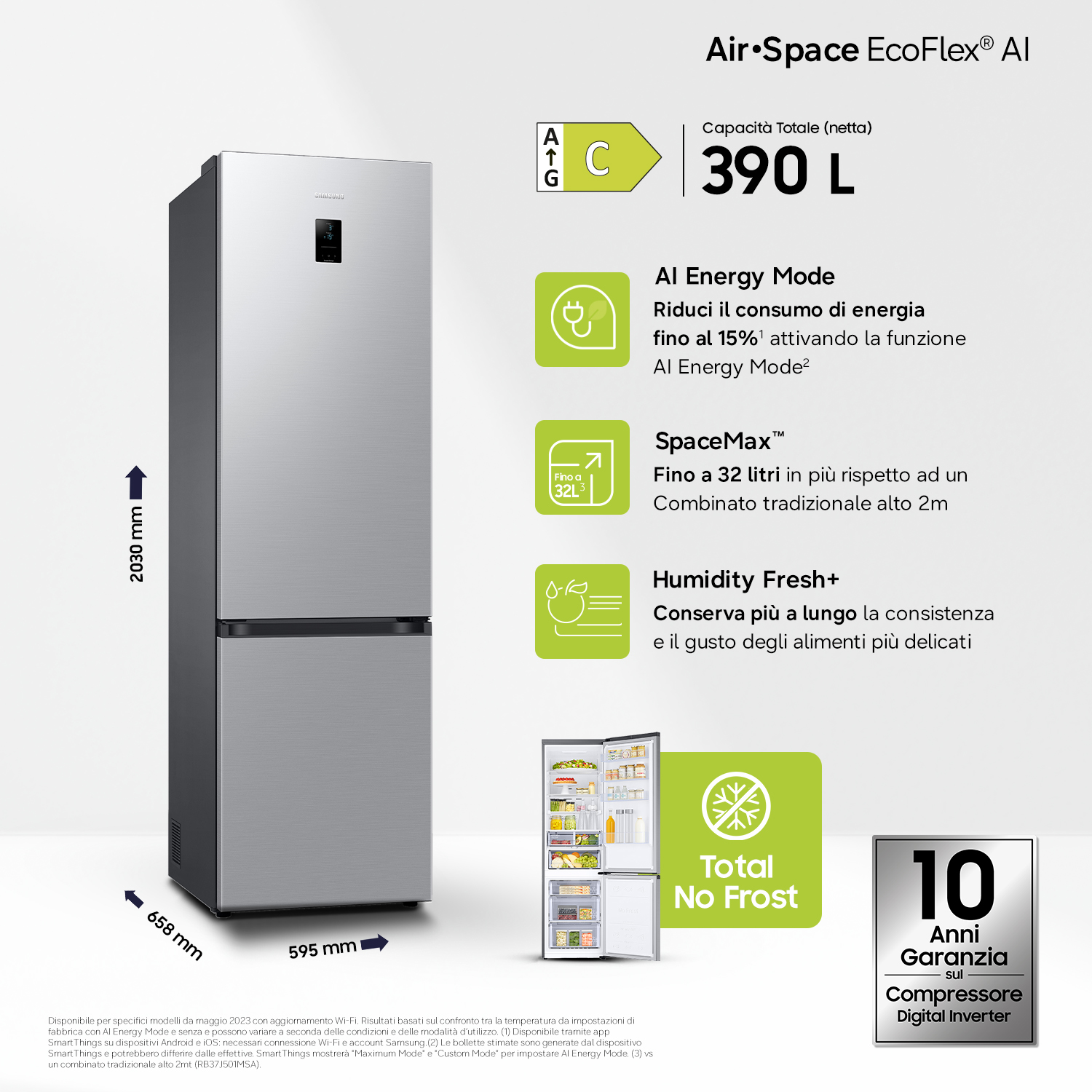 Un frigorifero argento classe C, capacità 390L, con compressore digital inverter.