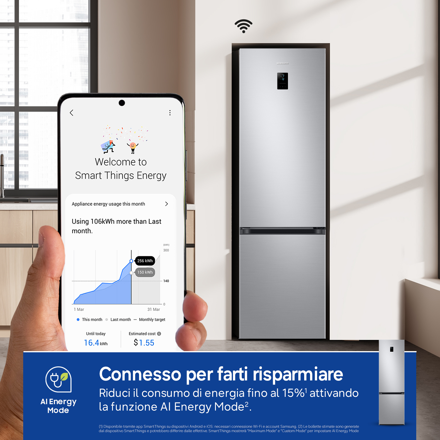 Uno smartphone mostra l'app Smart Things Energy con un frigorifero sullo sfondo.