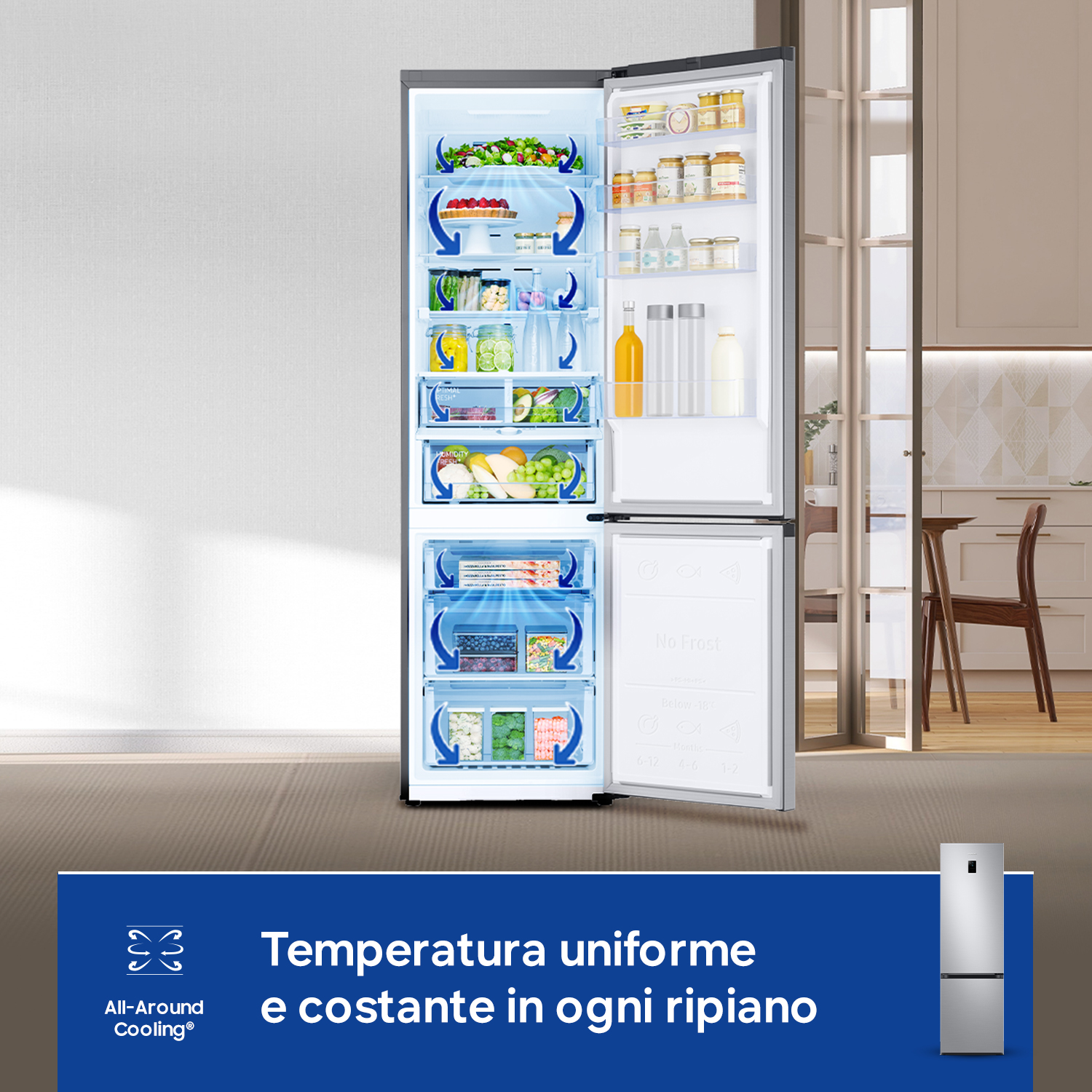 Frigorifero aperto con illuminazione interna completa e cibo. Tavolo da cucina sullo sfondo.