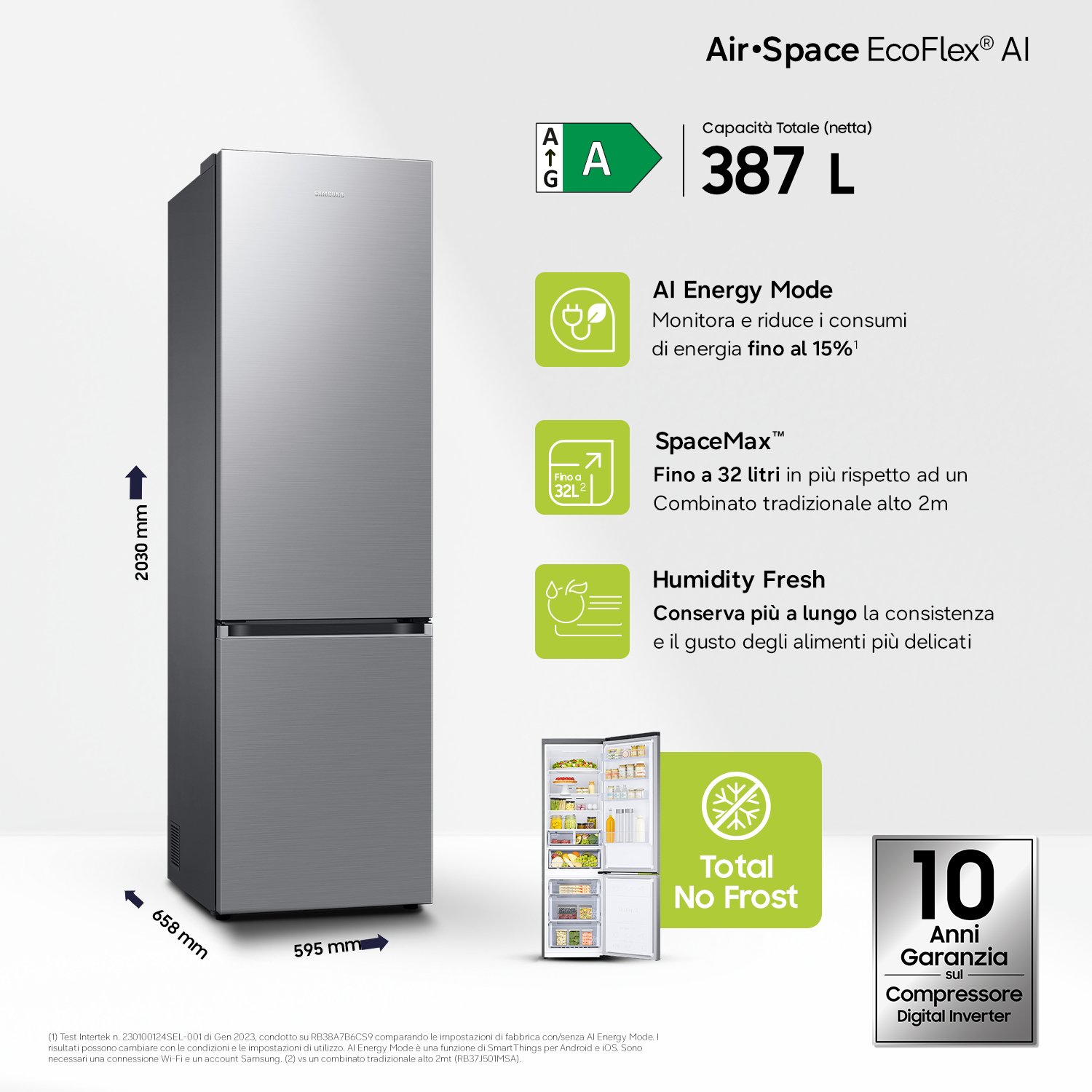 Un frigorifero argento di 2030x658x595 mm, classe energetica A, capacità 387L.