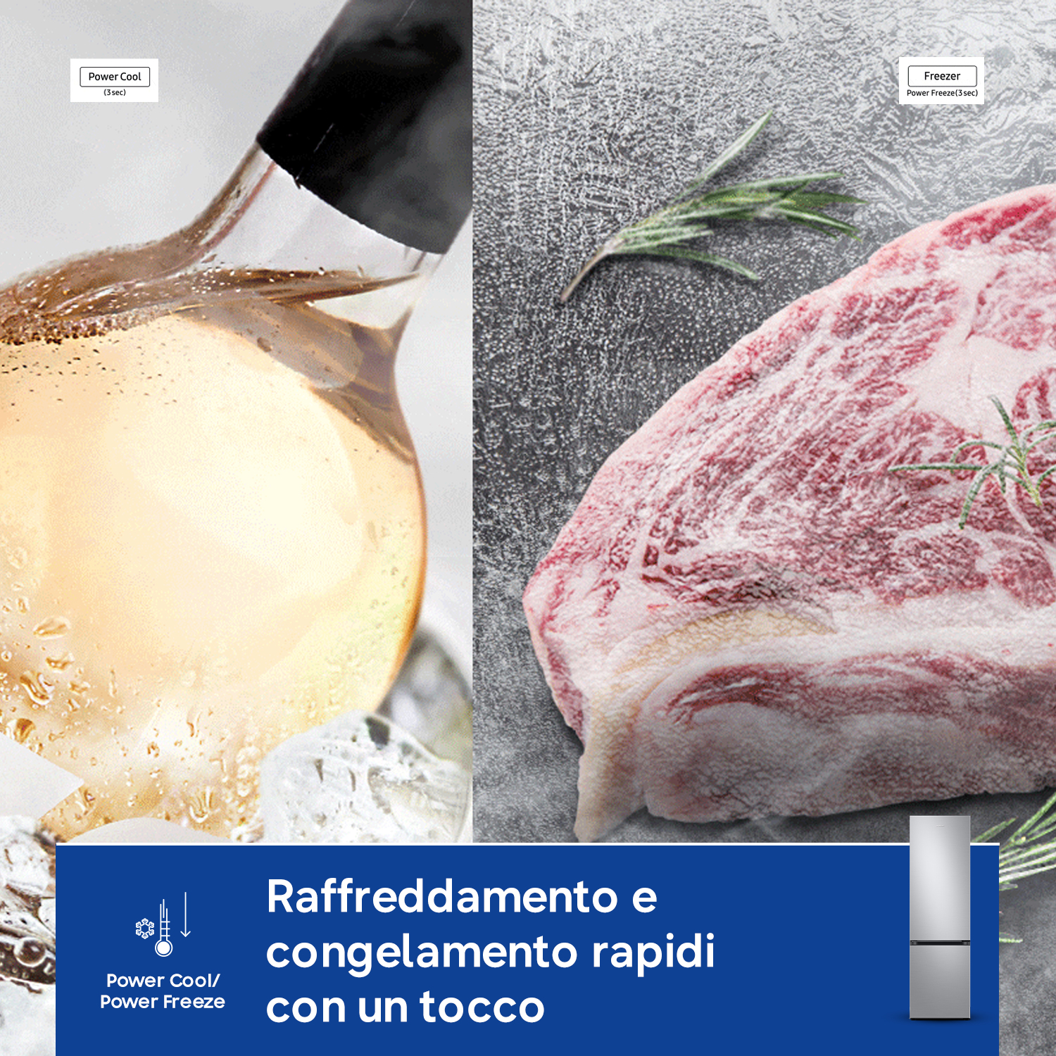 Bevanda fresca e carne cruda con erbe, icona frigorifero.