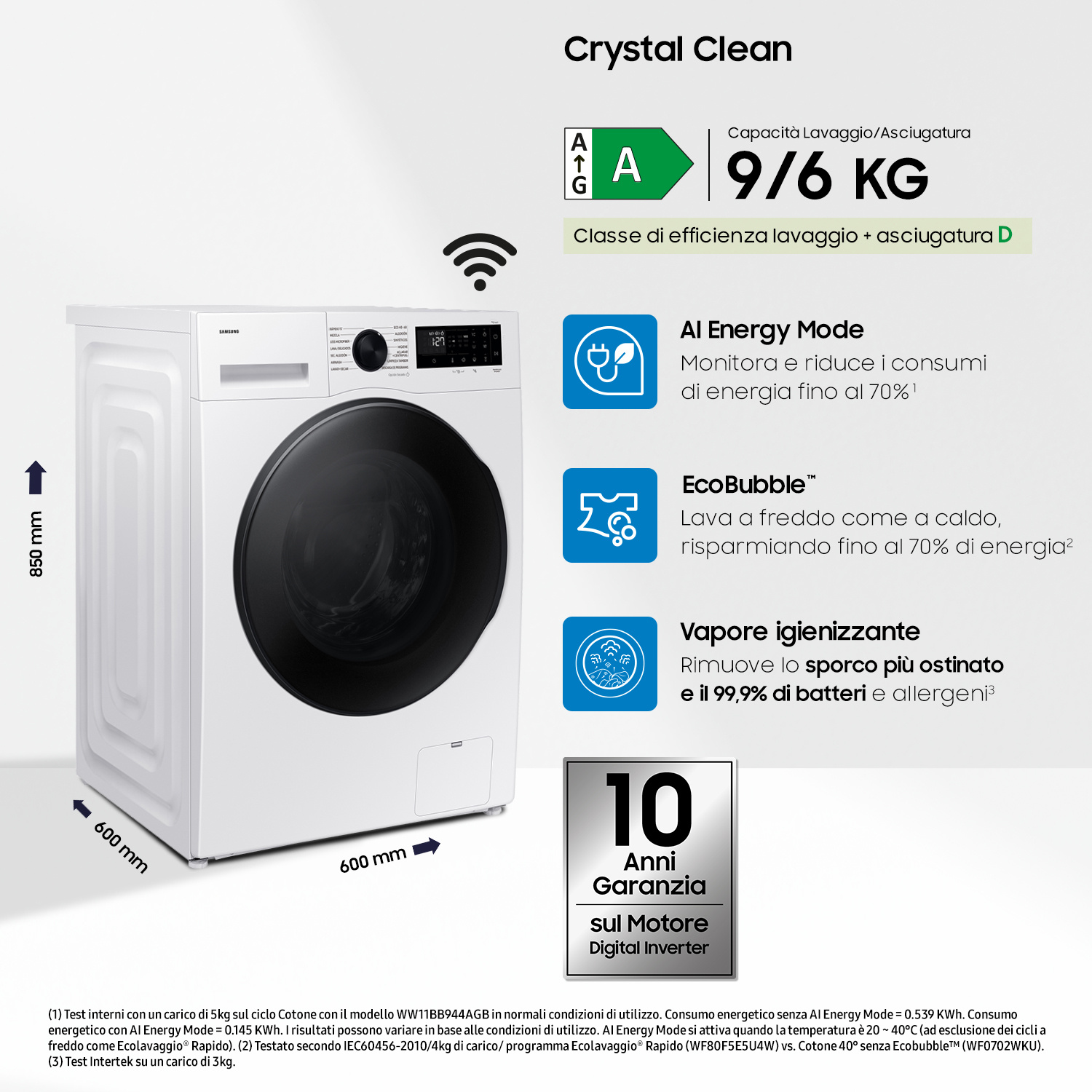 Lavatrice Samsung bianca, capacità 9/6 kg, classe A, EcoBubble e funzione vapore.
