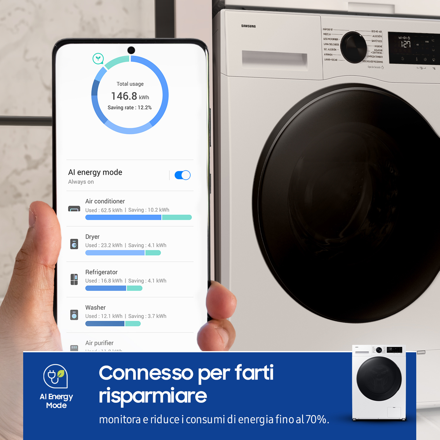 Uno smartphone mostra un'app per il risparmio energetico con un consumo totale di 146,8 kWh.