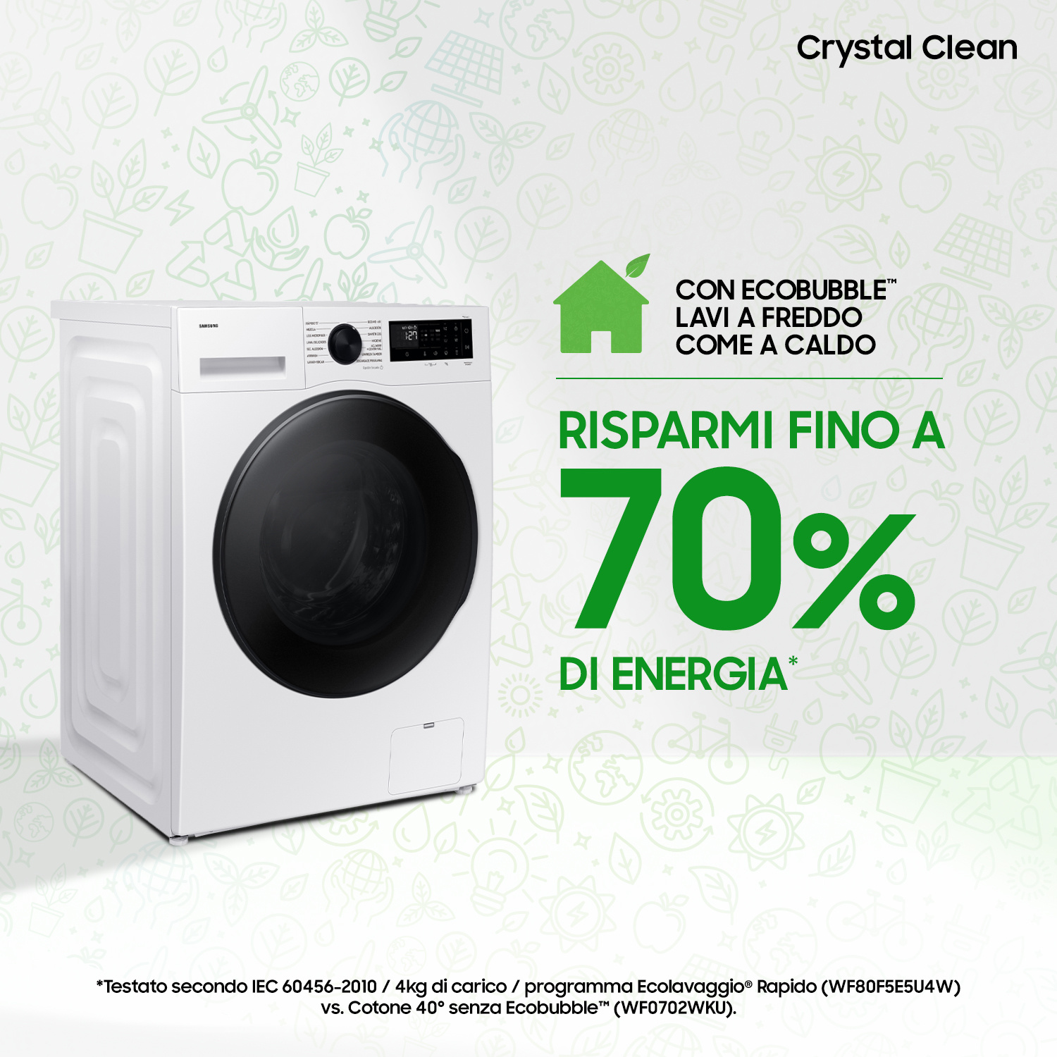 Lavatrice bianca con tecnologia EcoBubble, risparmia fino al 70% di energia.