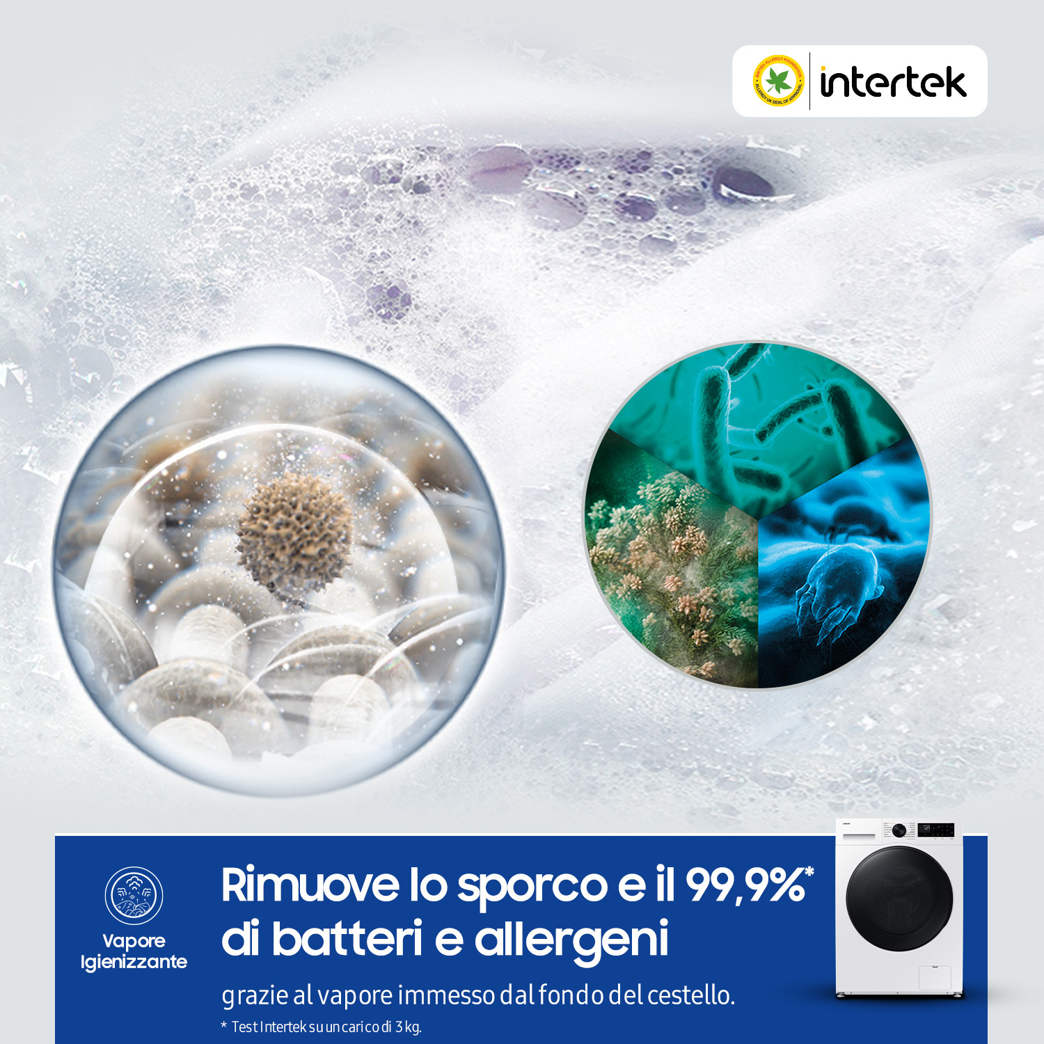 Lavatrice con vapore rimuove 99,9% batteri e allergeni.