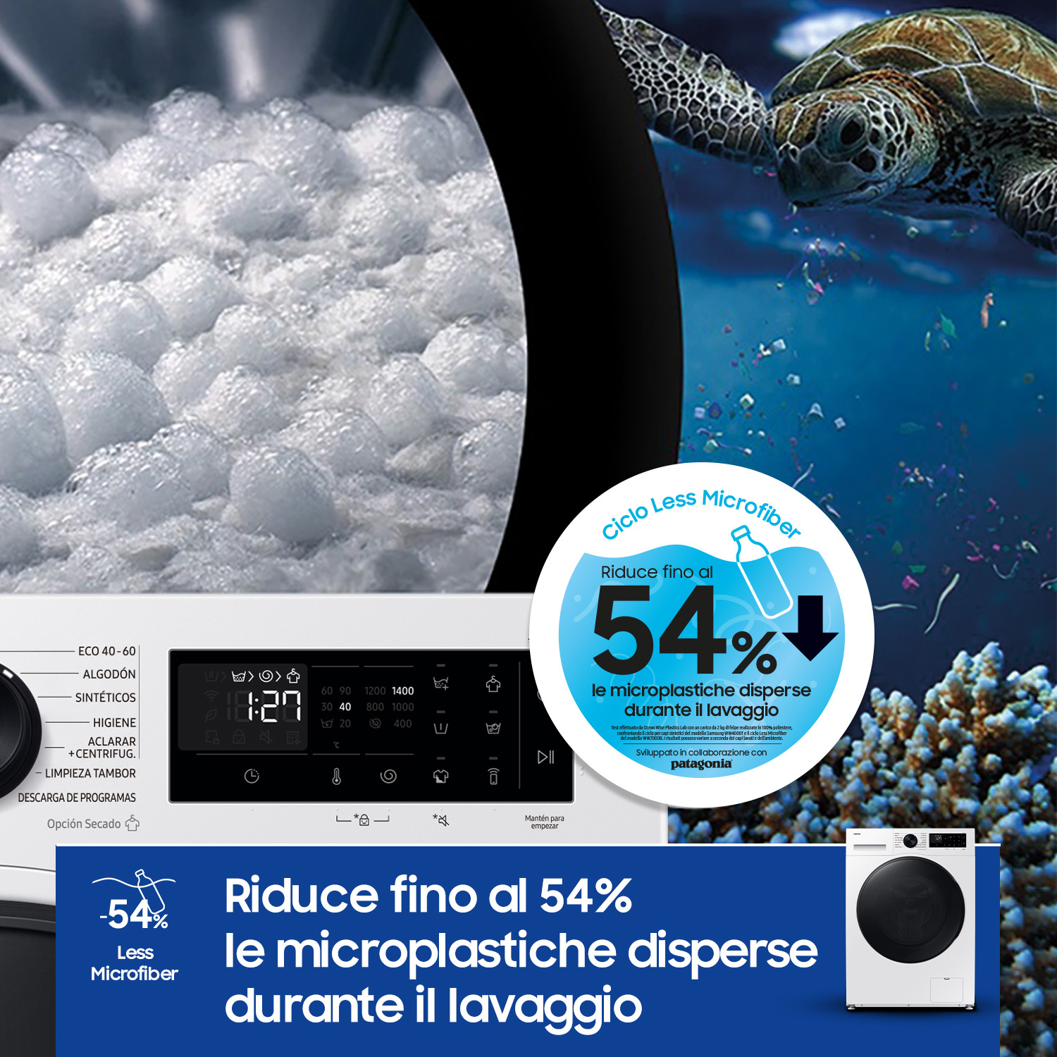 Una lavatrice a tema tartaruga marina e microplastiche.