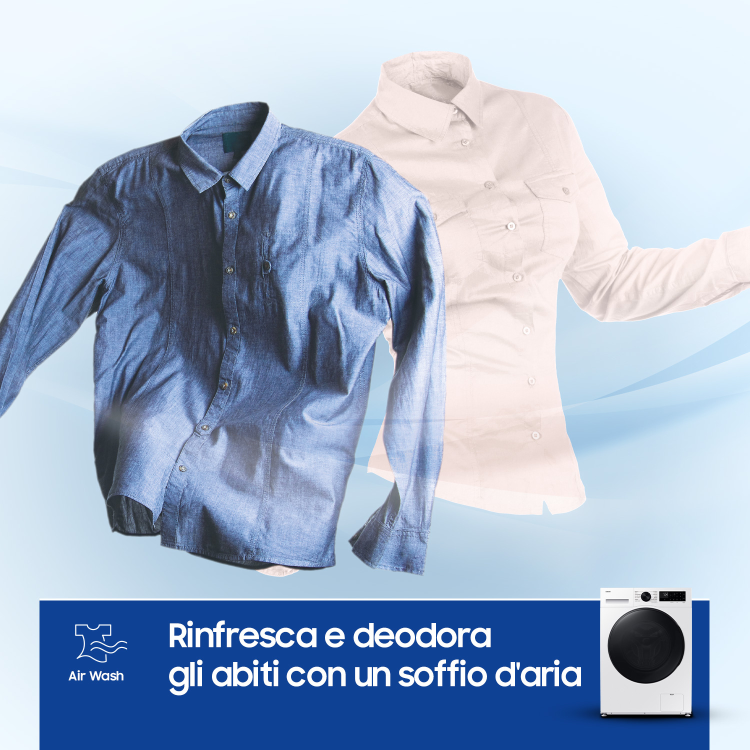 Una camicia blu e una bianca fluttuano su sfondo blu. Una lavatrice in basso a destra.