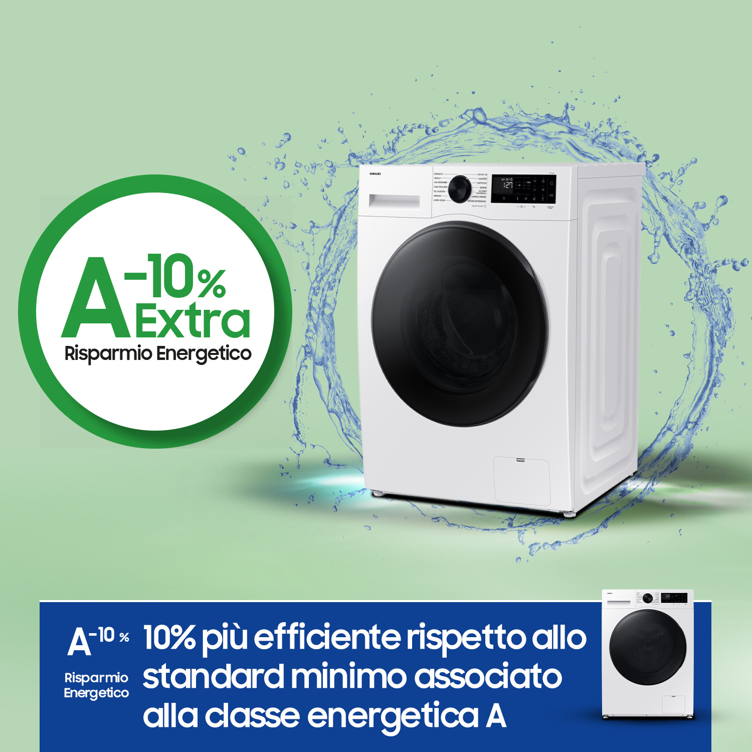 Lavatrice bianca con etichetta A -10% Extra risparmio energetico.