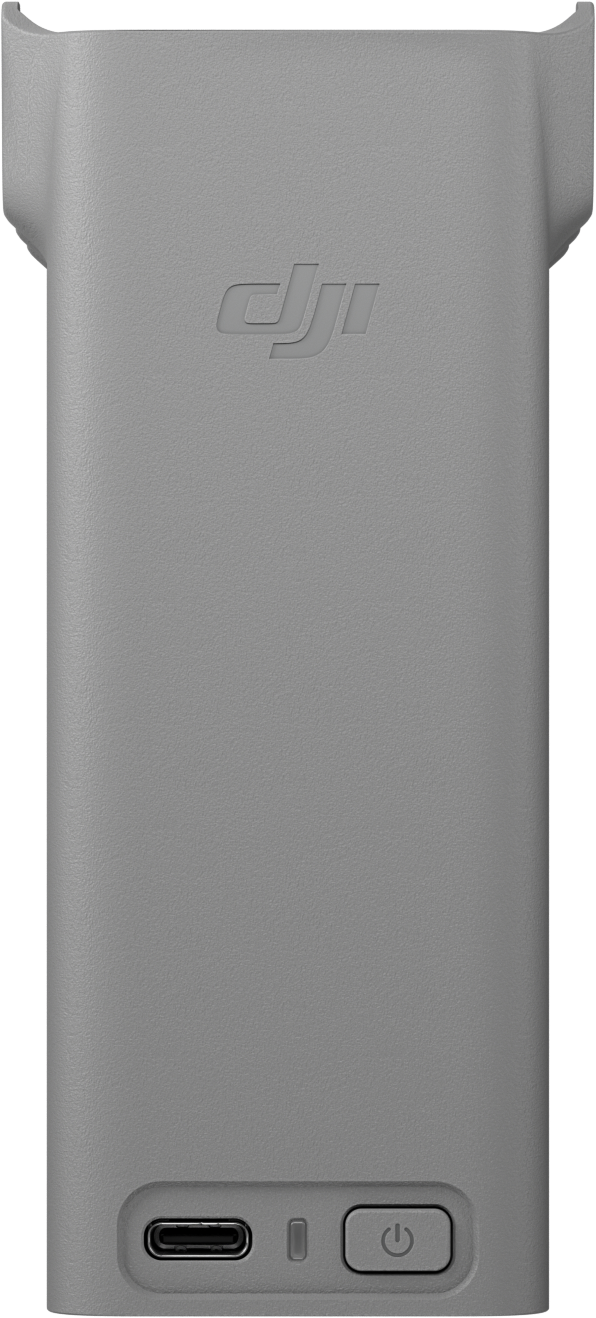 Grauer Akku mit DJI-Logo, USB-C-Anschluss und Ein-/Aus-Taste.