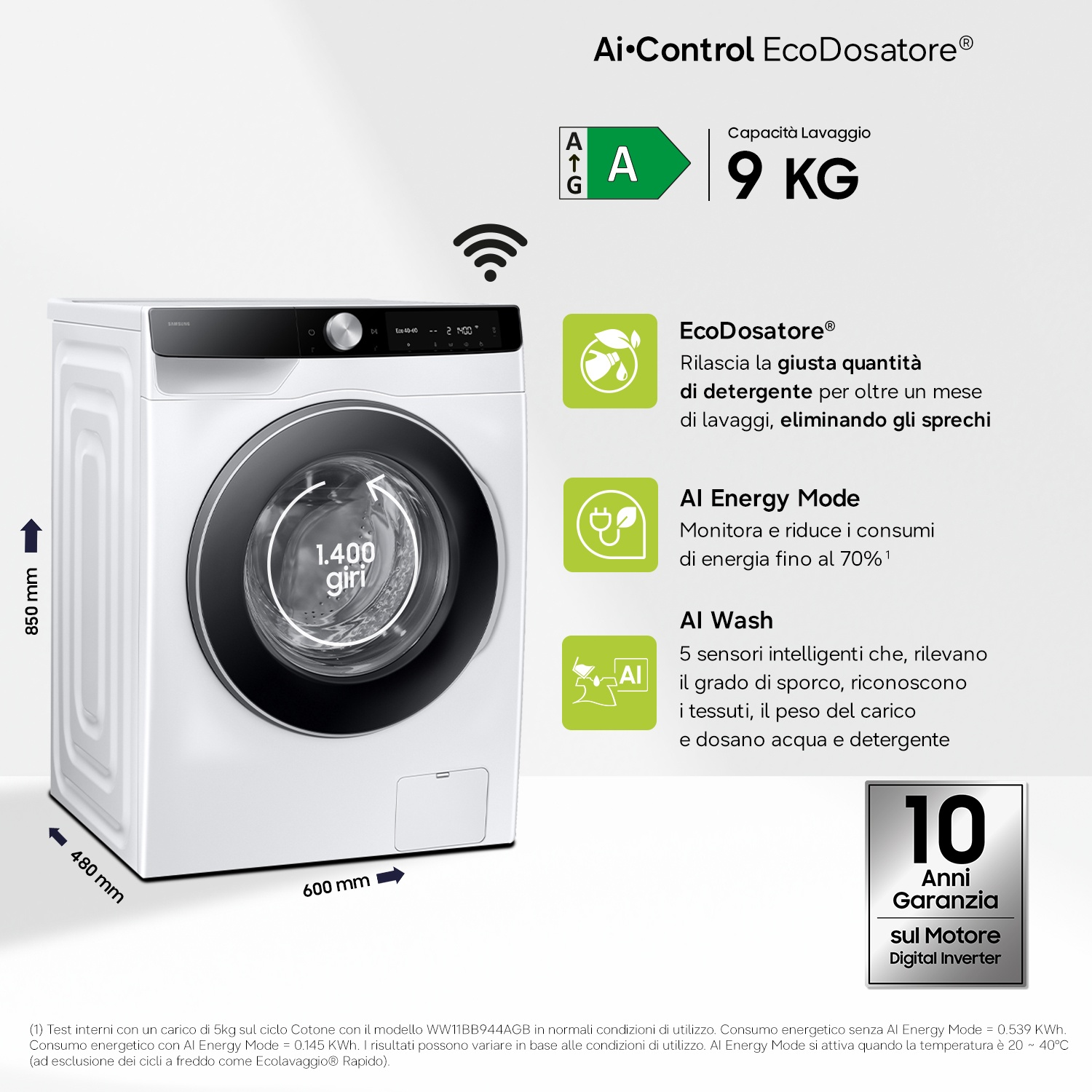Lavatrice bianca con AI Control, capacità 9kg, classe energetica A.