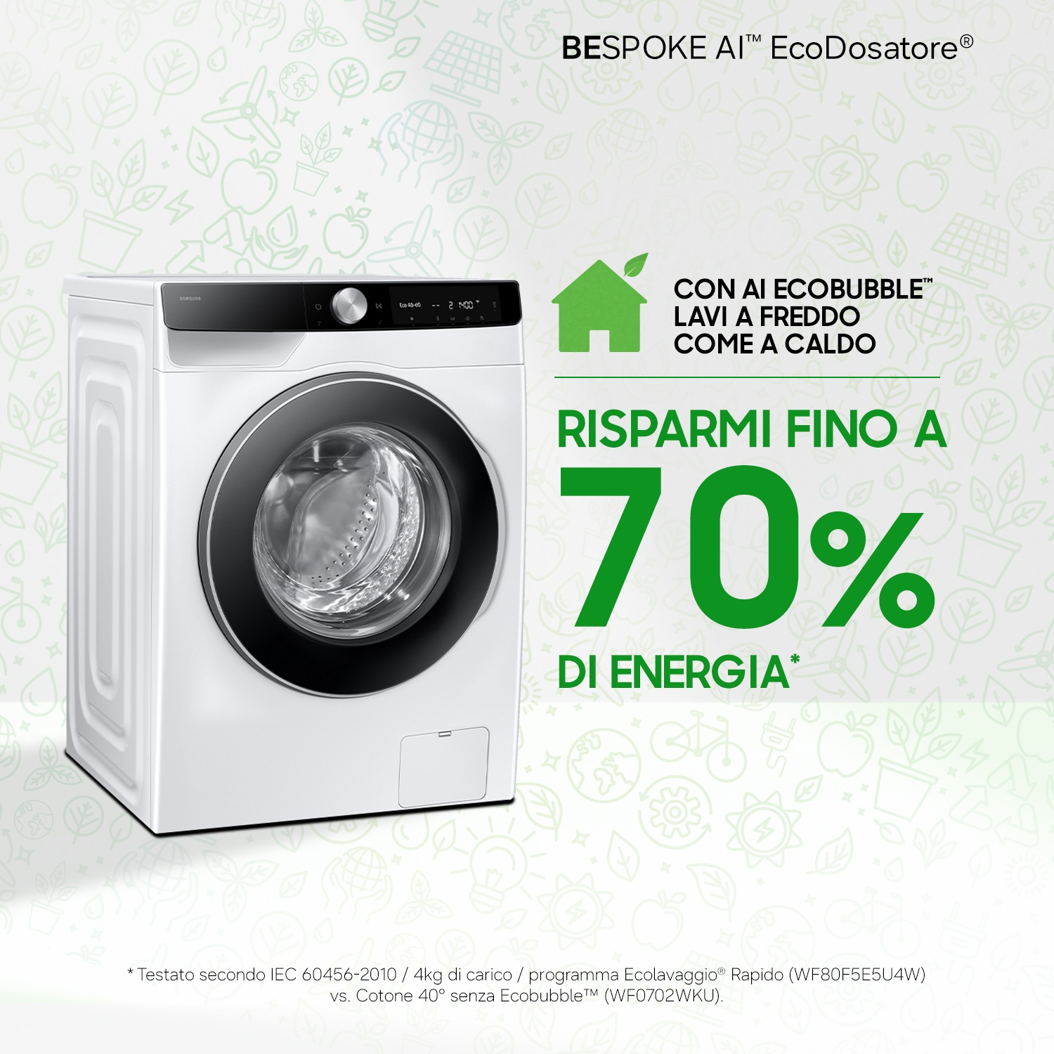 Una lavatrice bianca con porta nera su sfondo verde chiaro.