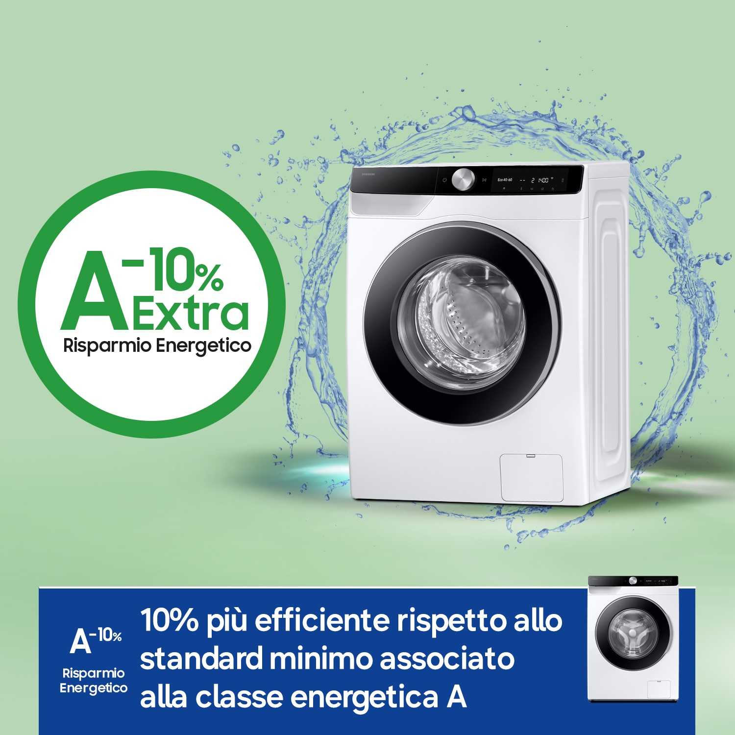 Lavatrice bianca con efficienza energetica A -10%, circondata da acqua.