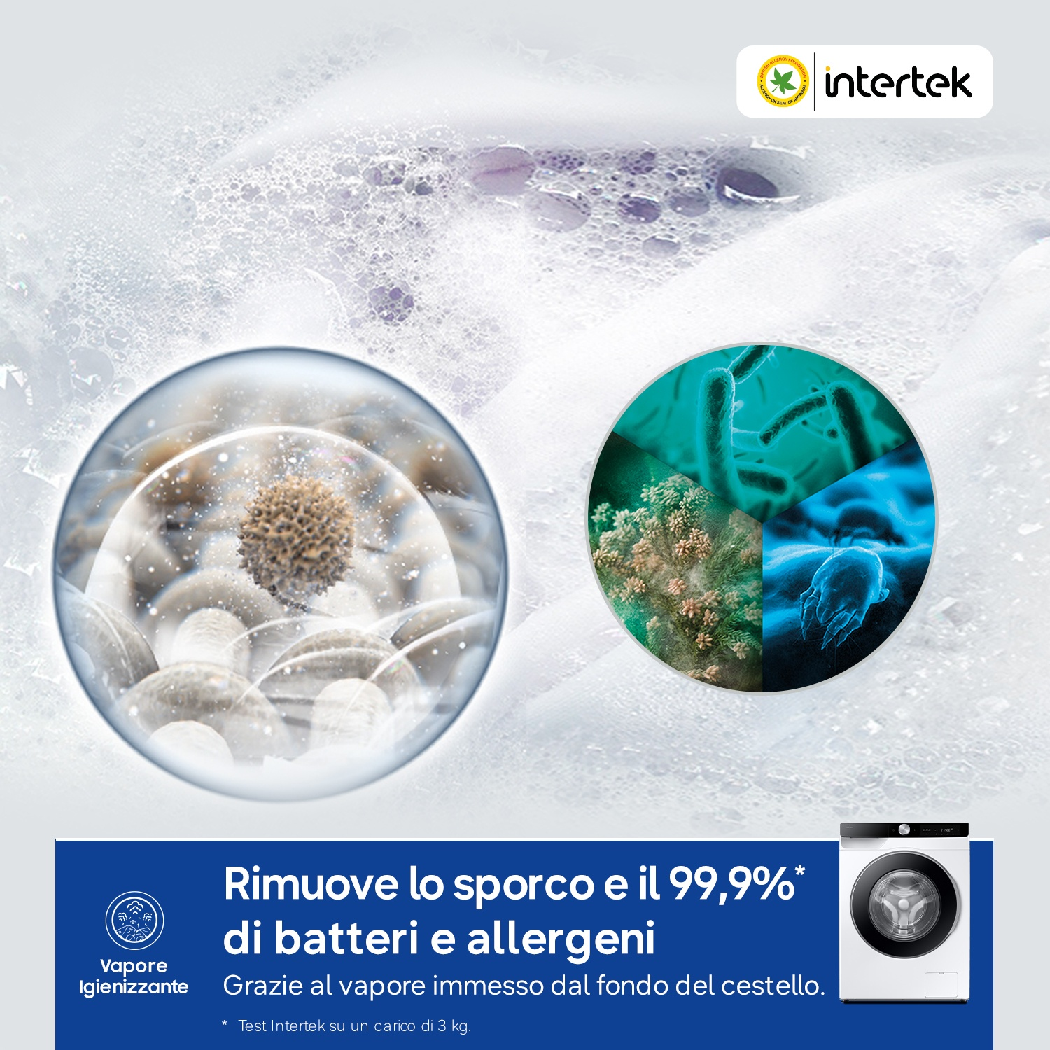 Primo piano di virus e batteri in una bolla, accanto a una lavatrice.