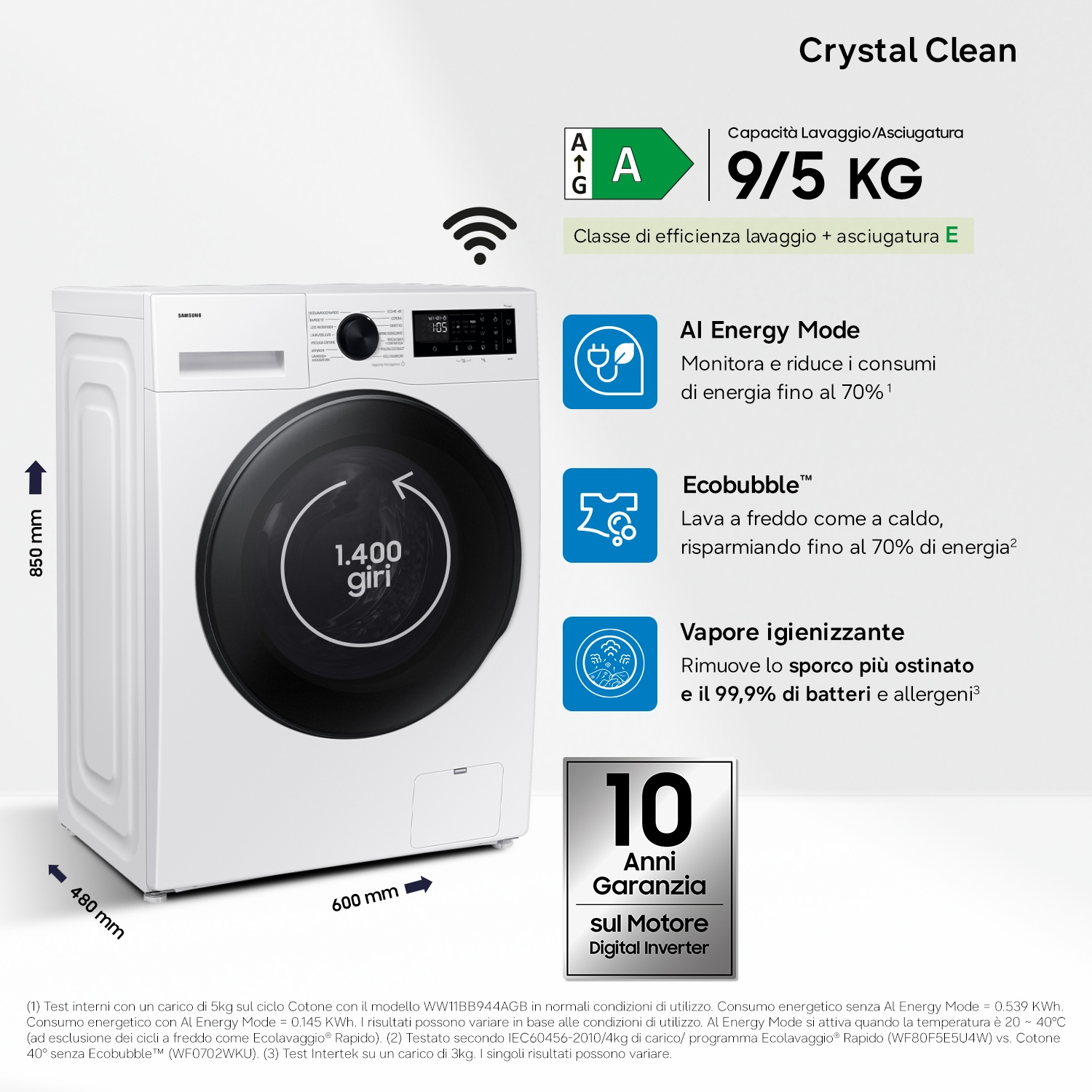 Lavatrice Samsung bianca, capacità 9/5 kg, efficienza energetica A/E, mostra 