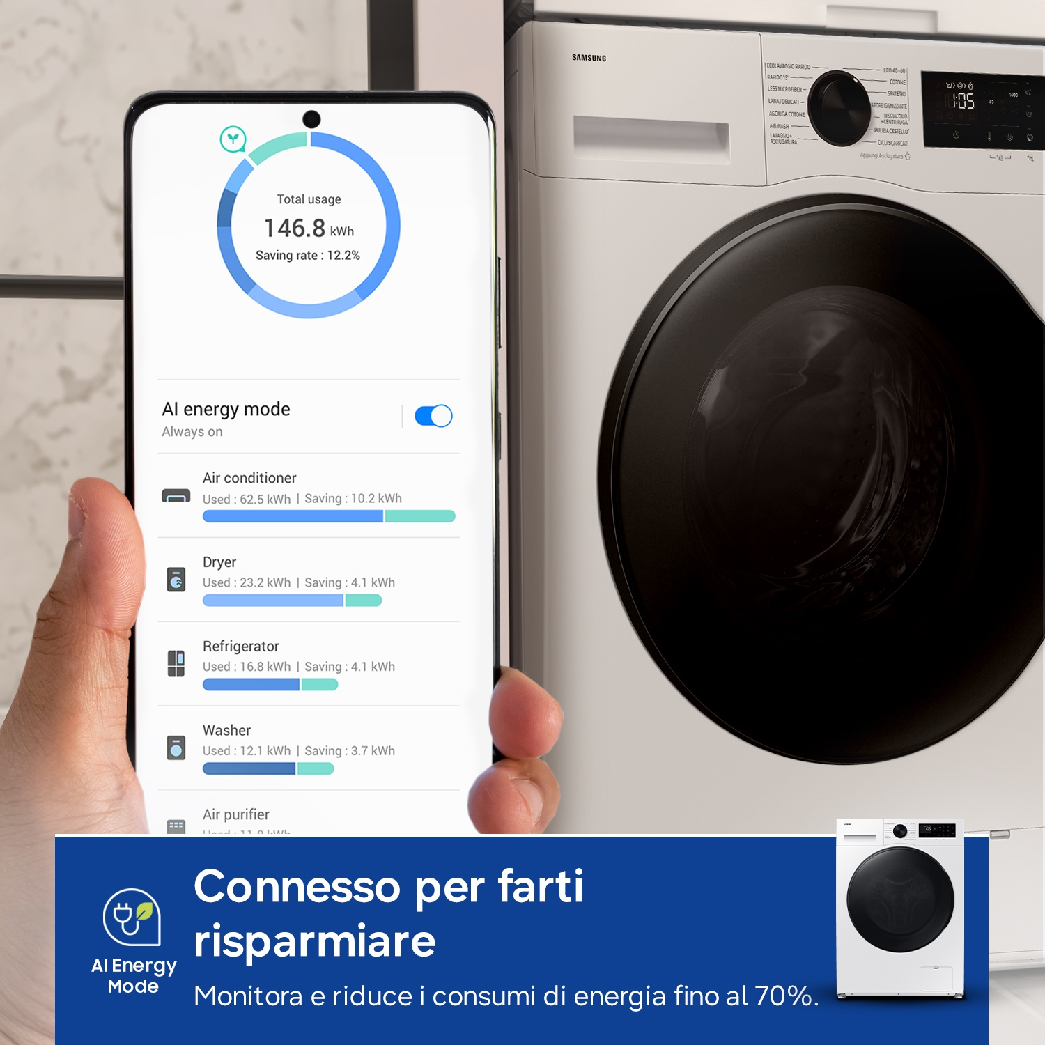 Uno smartphone mostra il consumo energetico, accanto a una lavatrice.