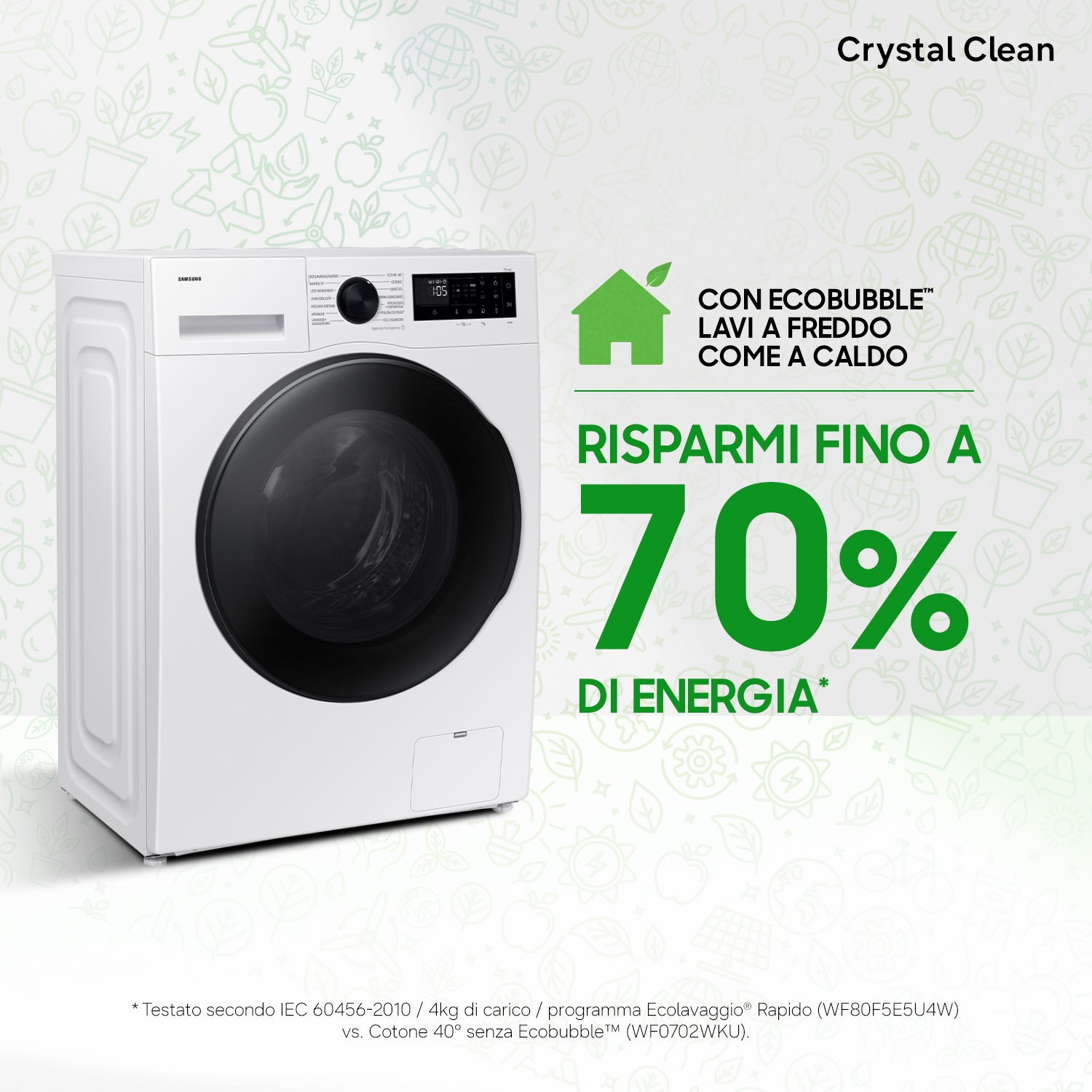 Lavatrice Samsung bianca con tecnologia EcoBubble™, risparmia fino al 70% di energia.