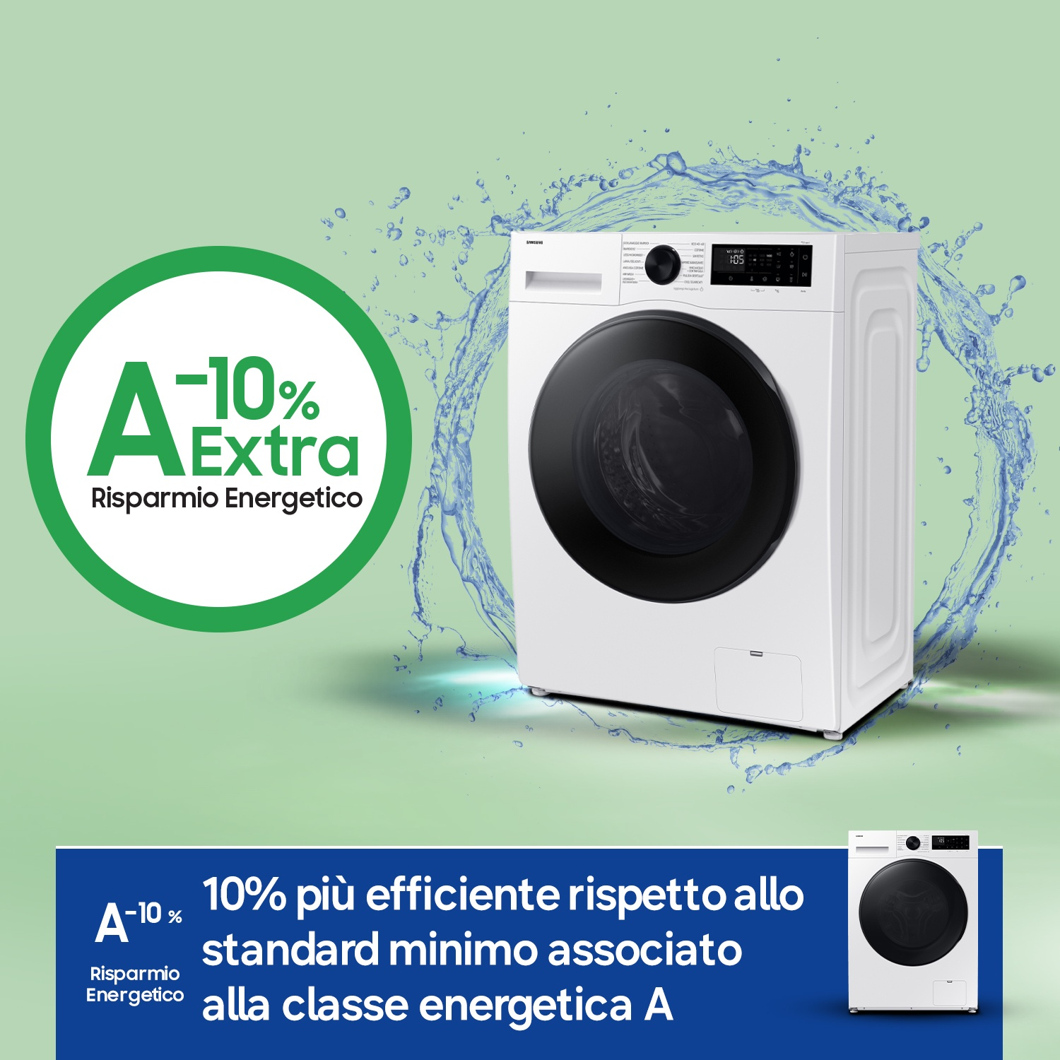 Una lavatrice bianca circondata da schizzi d'acqua, e un cerchio verde con -10% di risparmio energetico extra.