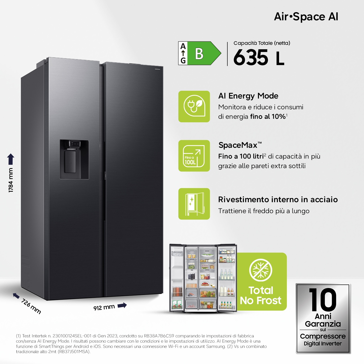 Frigorifero nero con dispenser acqua/ghiaccio, classe B, 635L, Total No Frost.