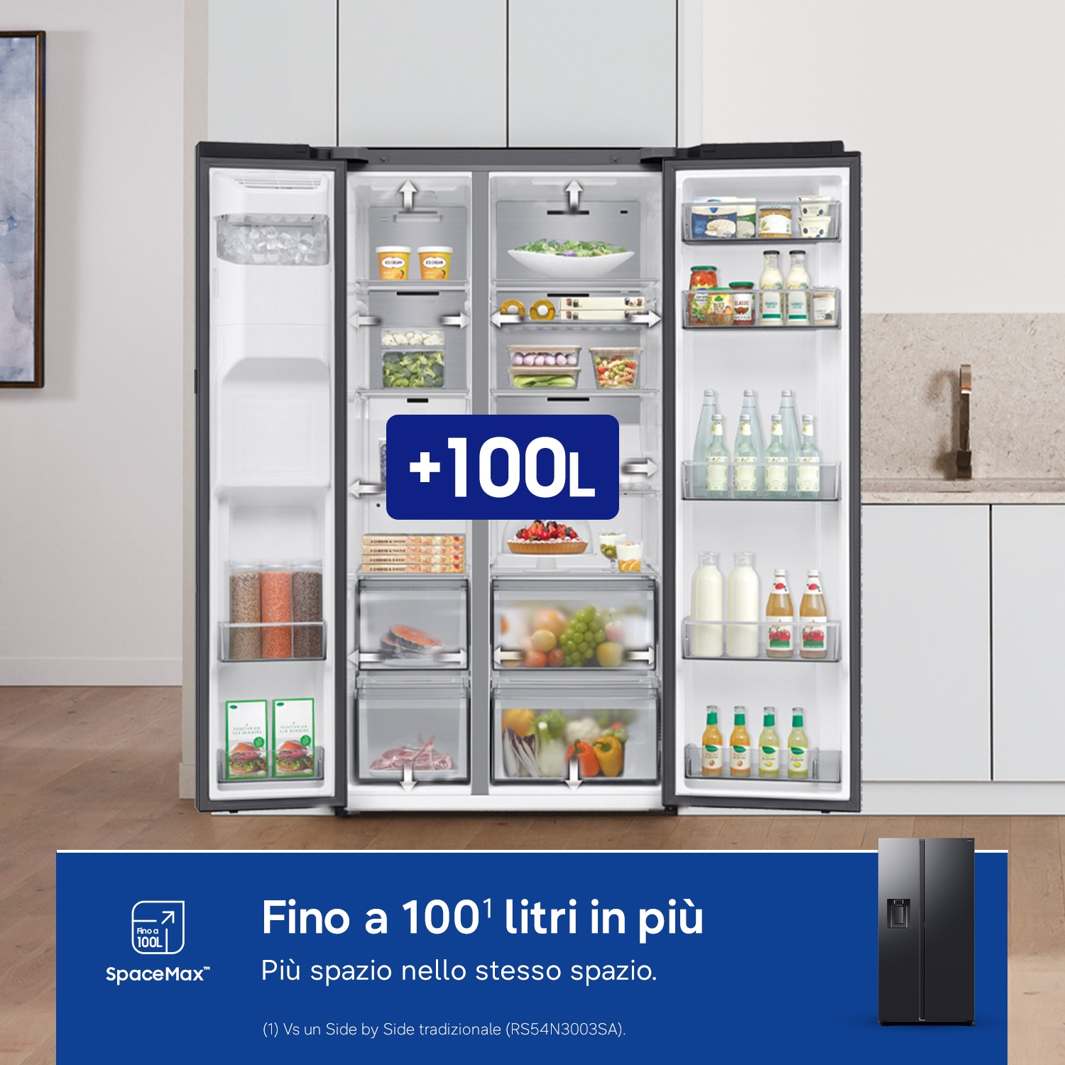 Un frigorifero nero aperto pieno di cibo, con grafica +100L.
