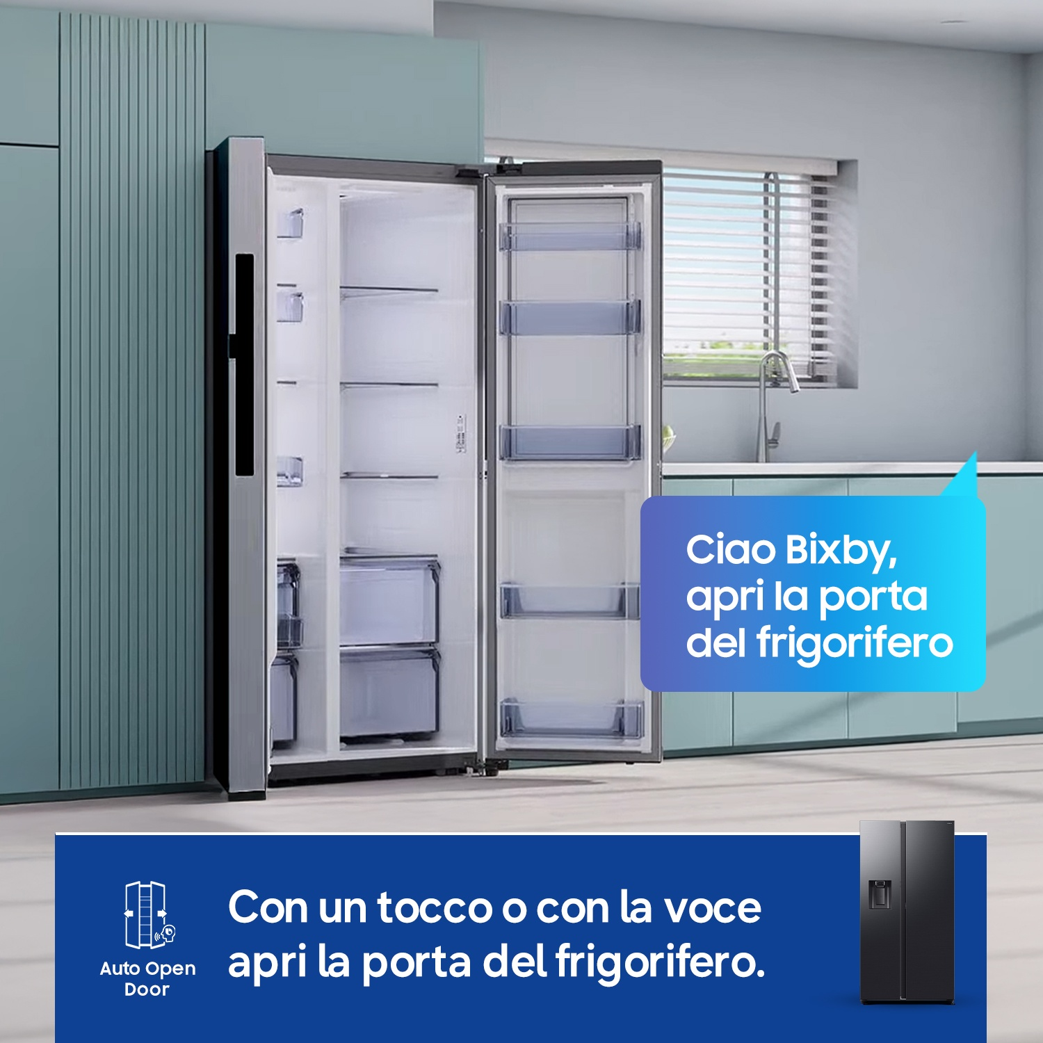 Un frigorifero argento con porte aperte in una cucina moderna.