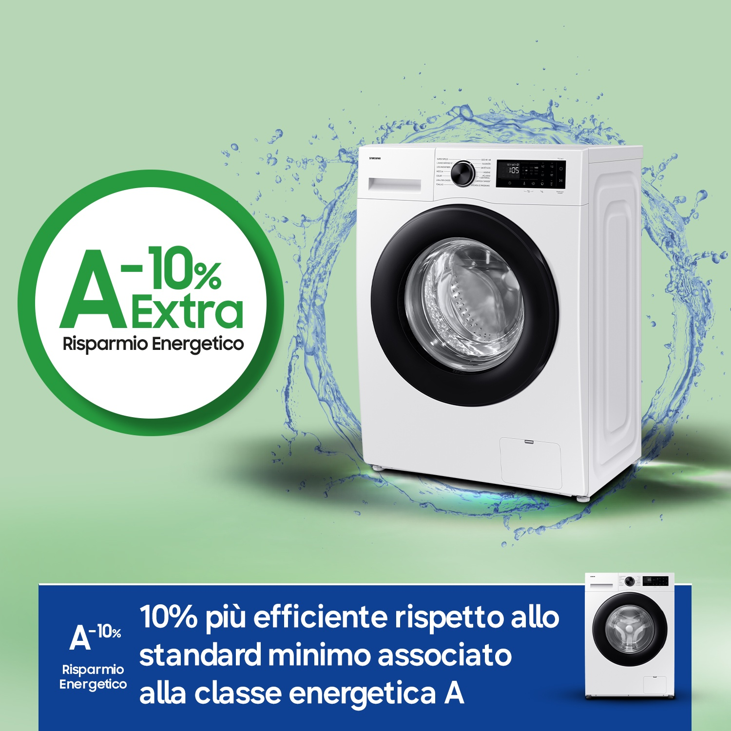 Una lavatrice bianca con cerchio verde che indica -10% di risparmio energetico extra.