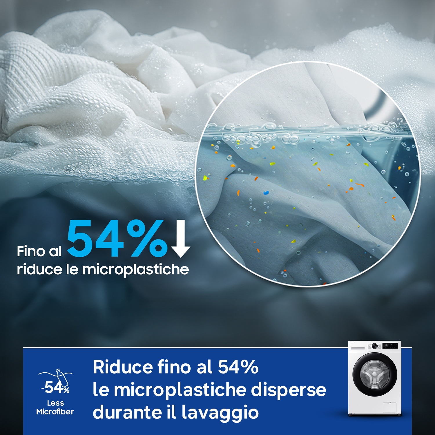 Biancheria bianca in un ciclo di lavaggio che riduce le microplastiche del 54%.
