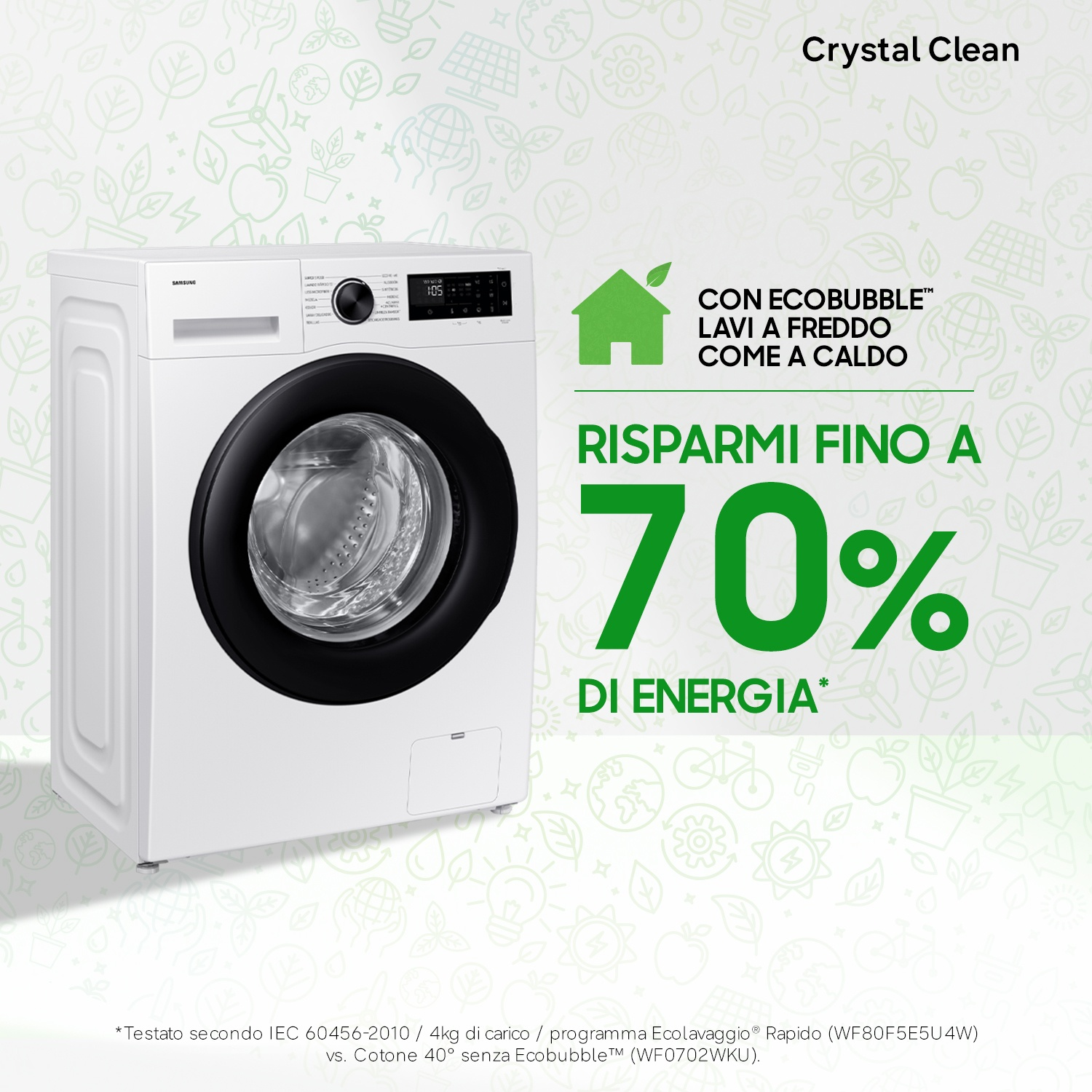 Lavatrice Samsung bianca con display digitale e oblò nero. Risparmia fino al 70% di energia.