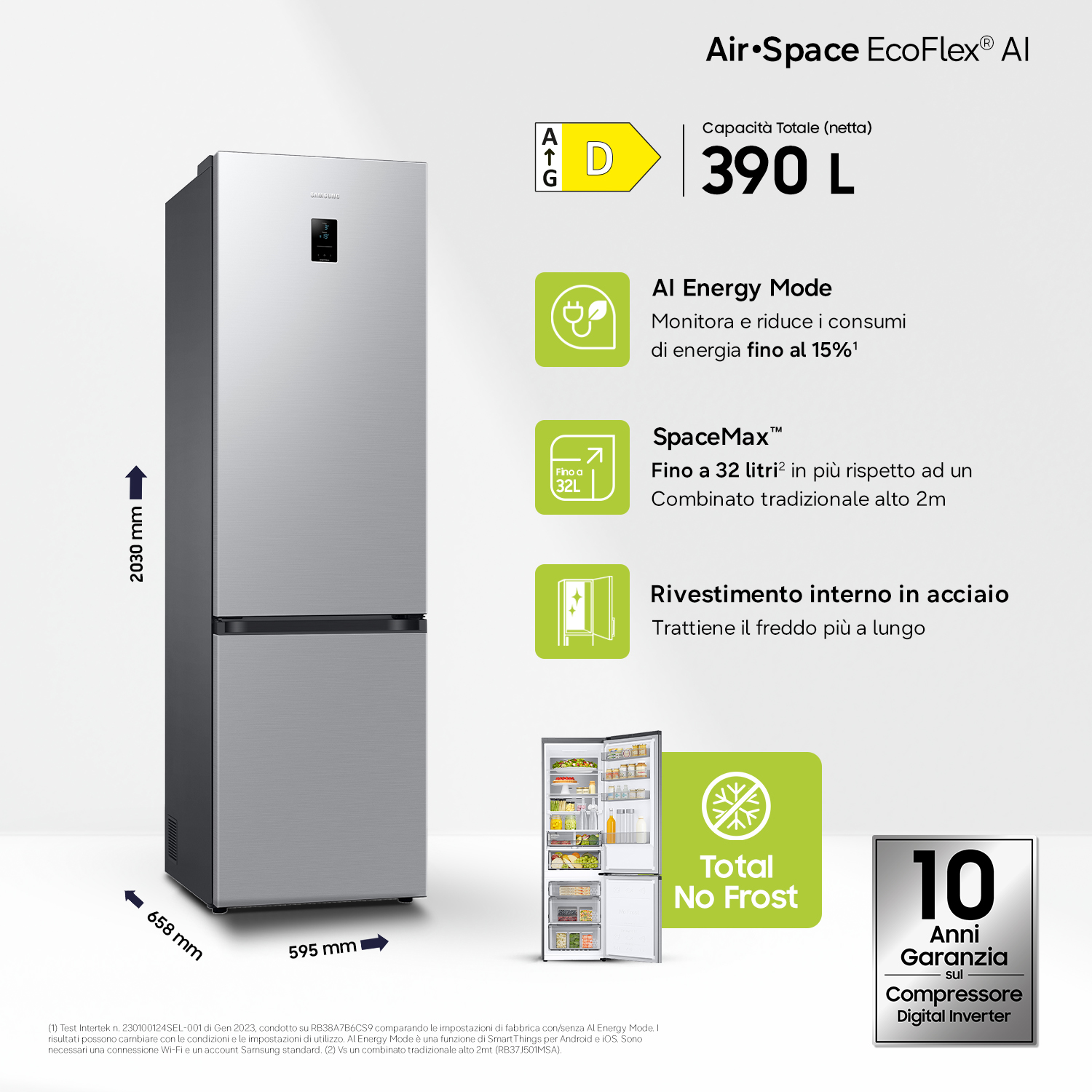 Frigorifero Samsung argento con display digitale, classe D, capacità 390L.