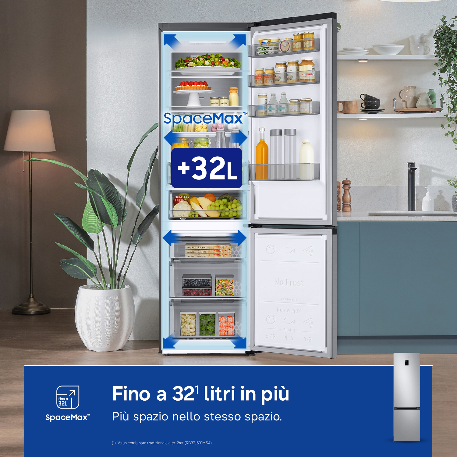 Un frigorifero aperto pieno di cibo e grafica "+32L SpaceMax".