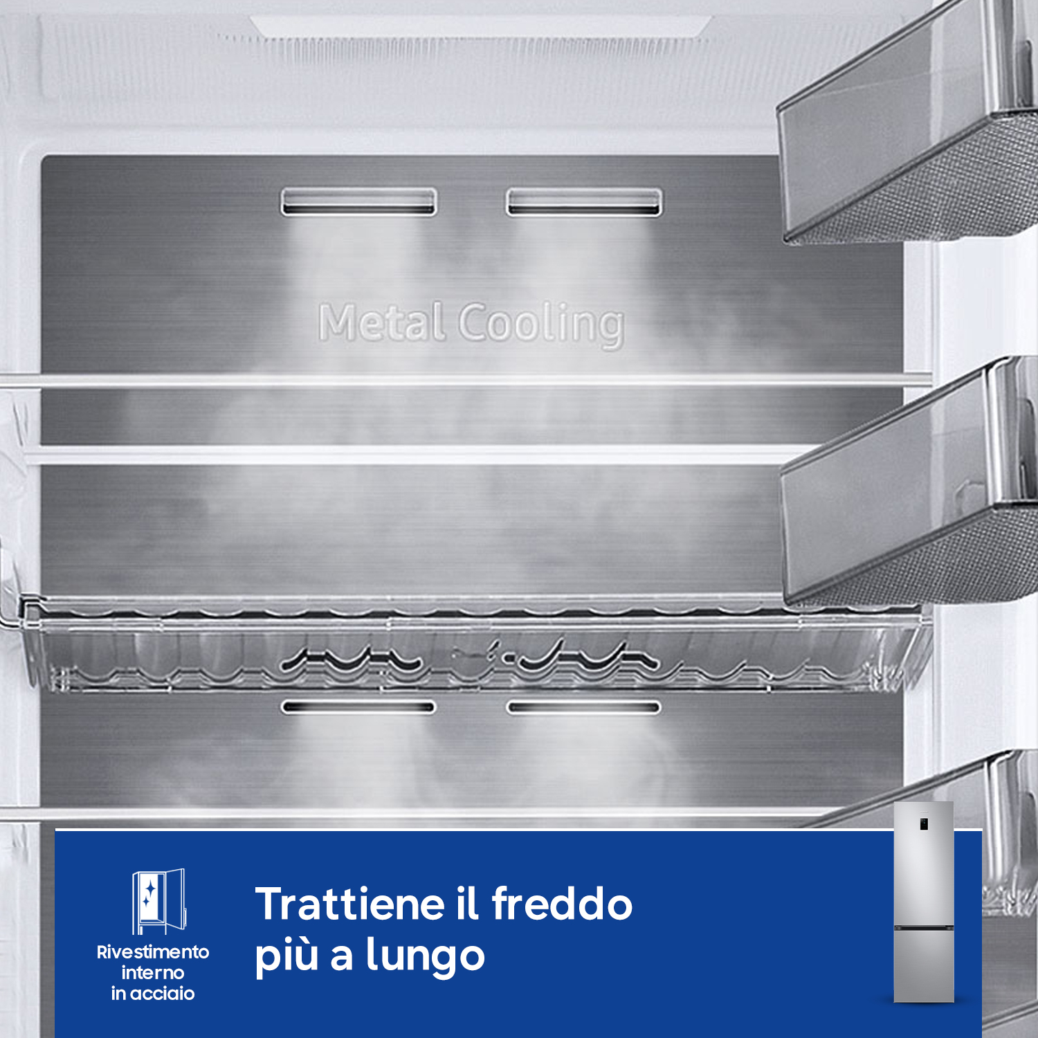 Interno frigorifero con raffreddamento metallico e ripiani in vetro. Area blu in basso.
