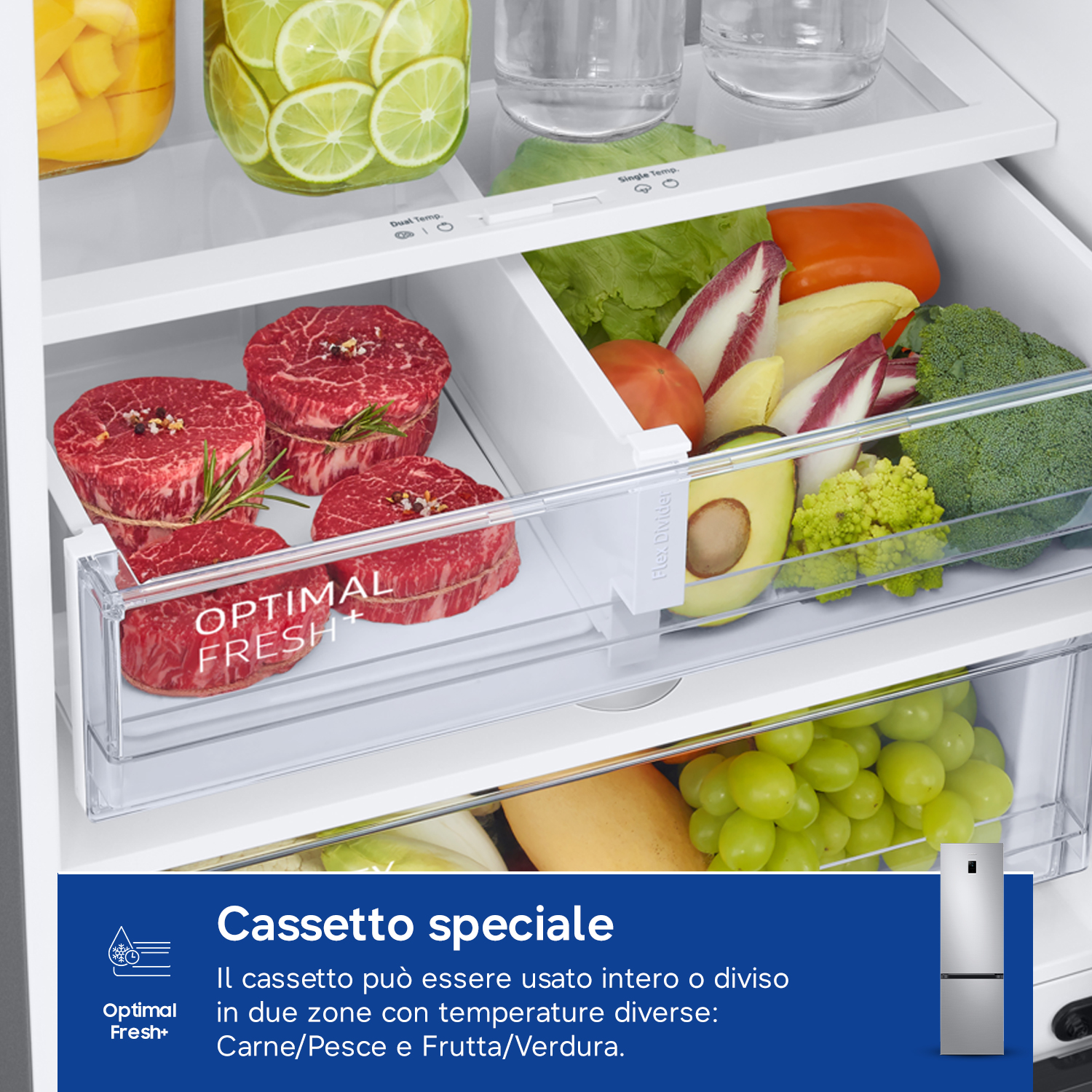 Cassetti frigorifero con carne, verdura, frutta e bicchieri. Cassetto speciale.