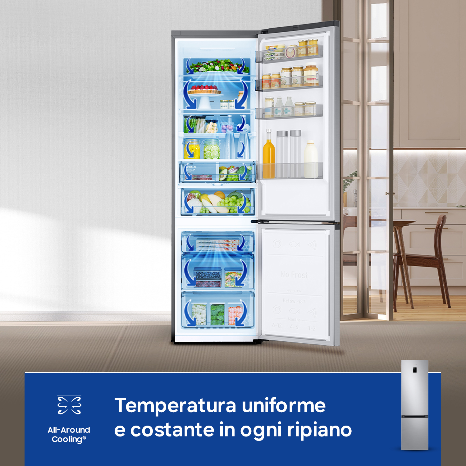 Un frigorifero aperto pieno di cibo, accanto a una cucina con tavolo e sedie.