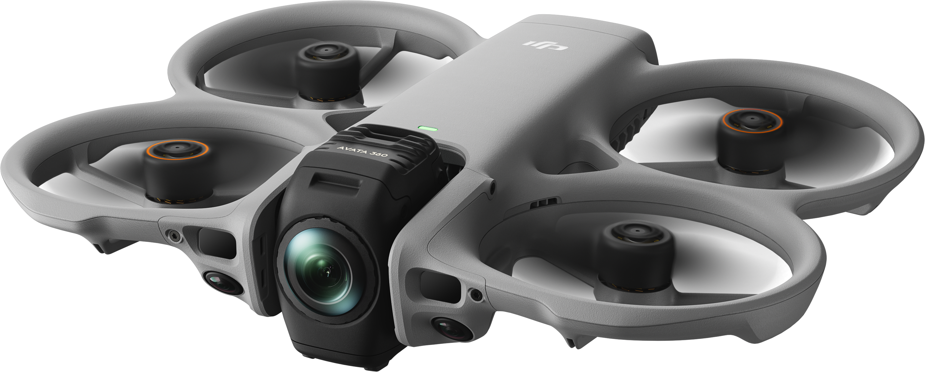 Un drone DJI Avata grigio con fotocamera nera è mostrato su sfondo nero.