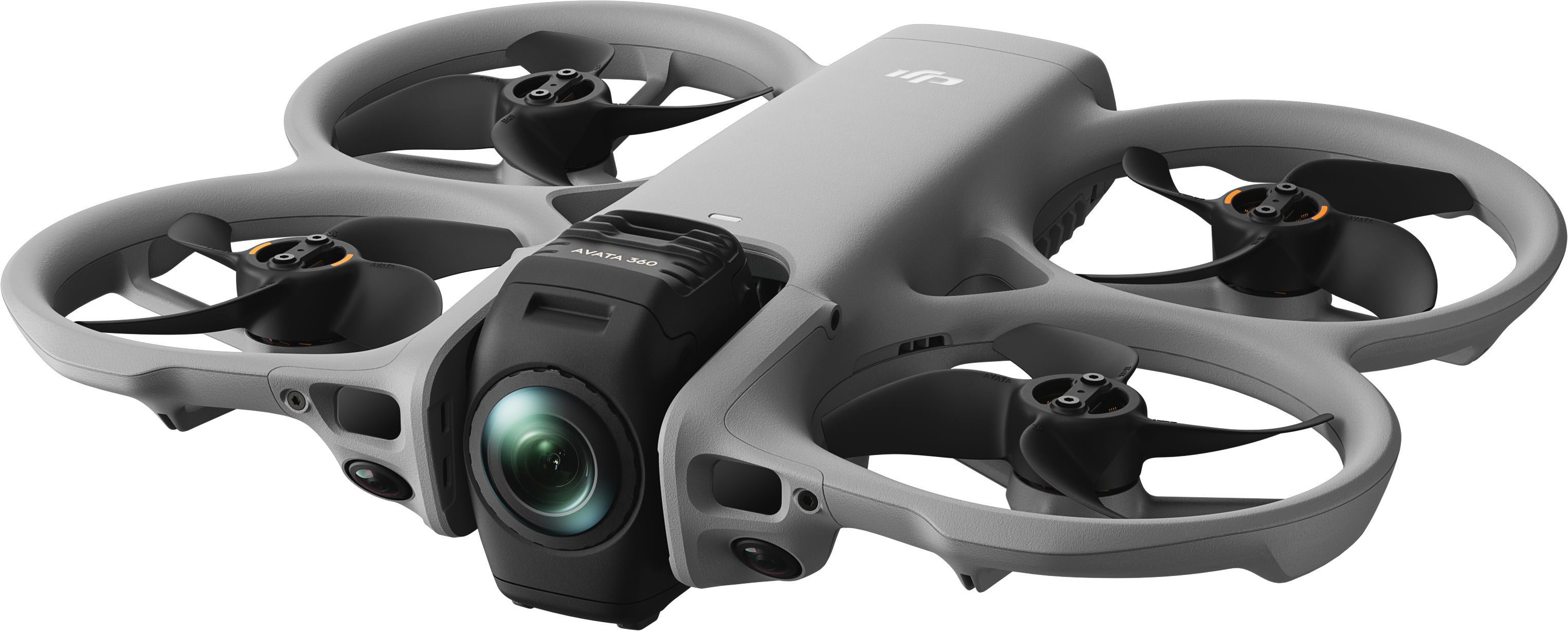 Un modello di drone grigio con quattro eliche e una telecamera.