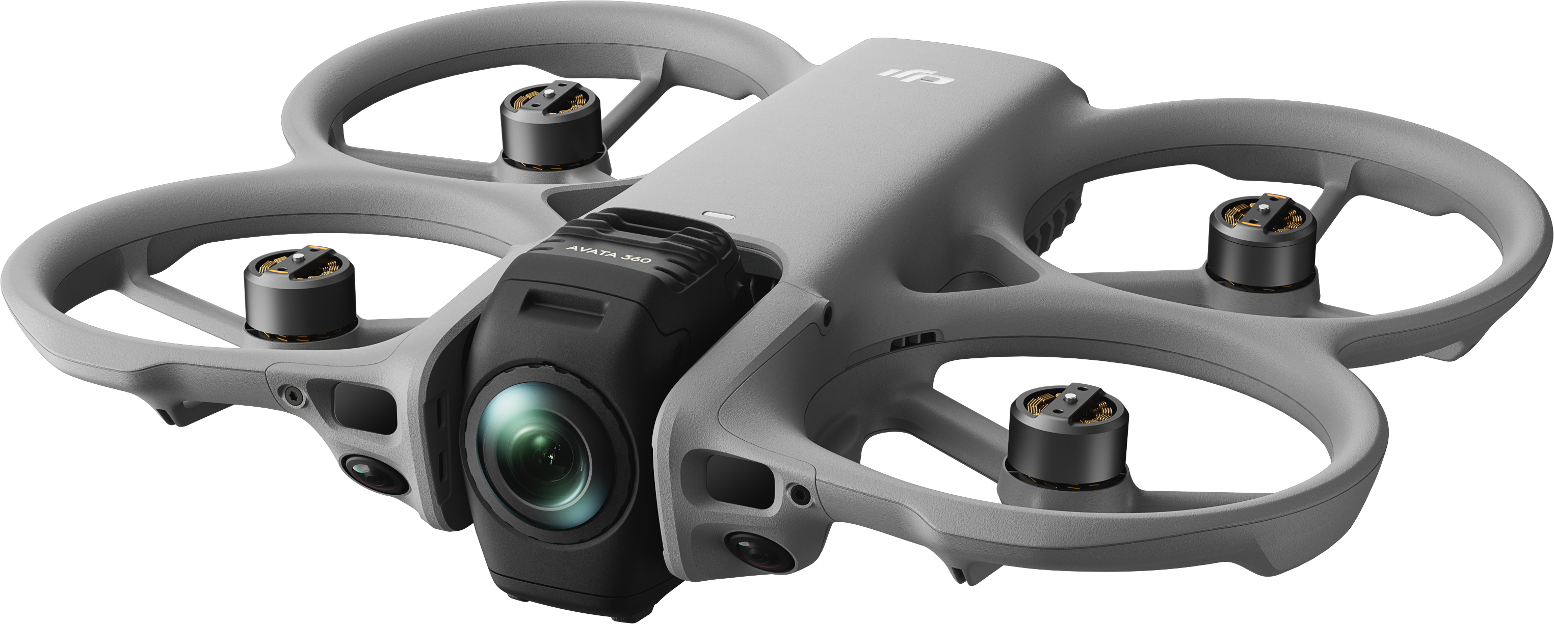 Telaio drone grigio con quattro motori e telecamera frontale.