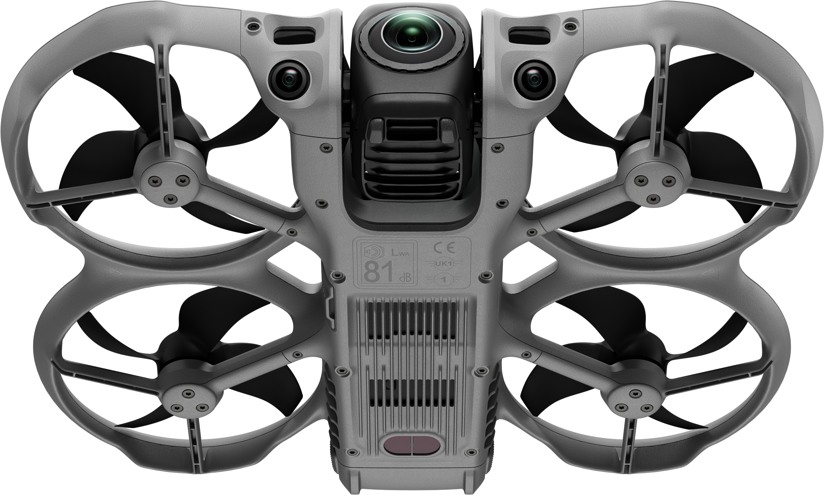 Corpo drone grigio con quattro eliche, fotocamera e prese d'aria.
